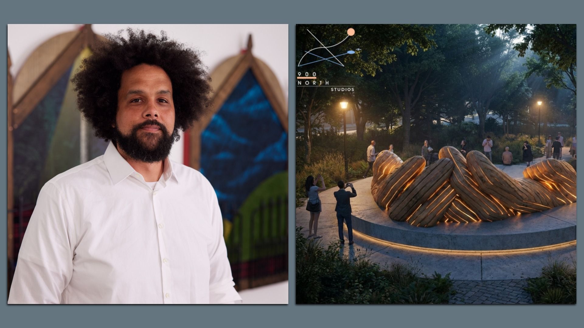 Artist Aaron Coleman and a render of his piece called "Hold the Stars"