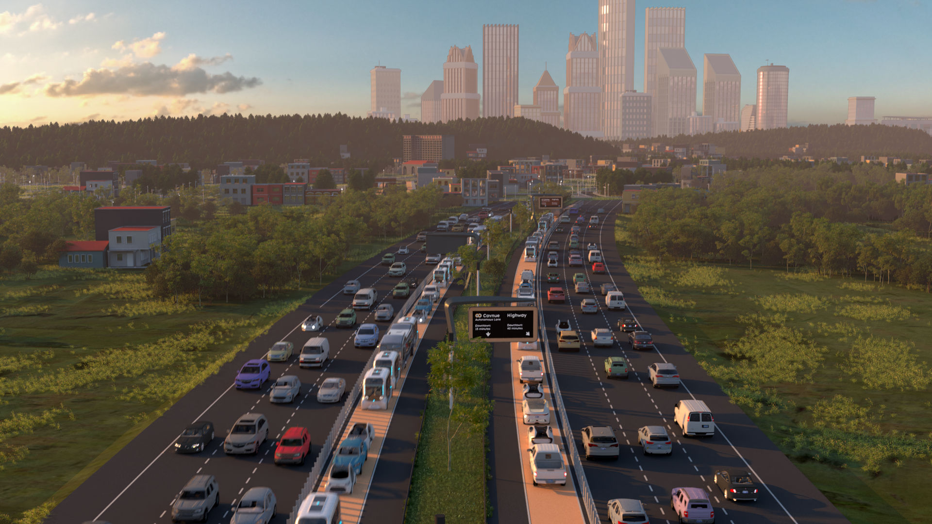 Rendering of a highway with dedicated lanes for automated cars, trucks and buses