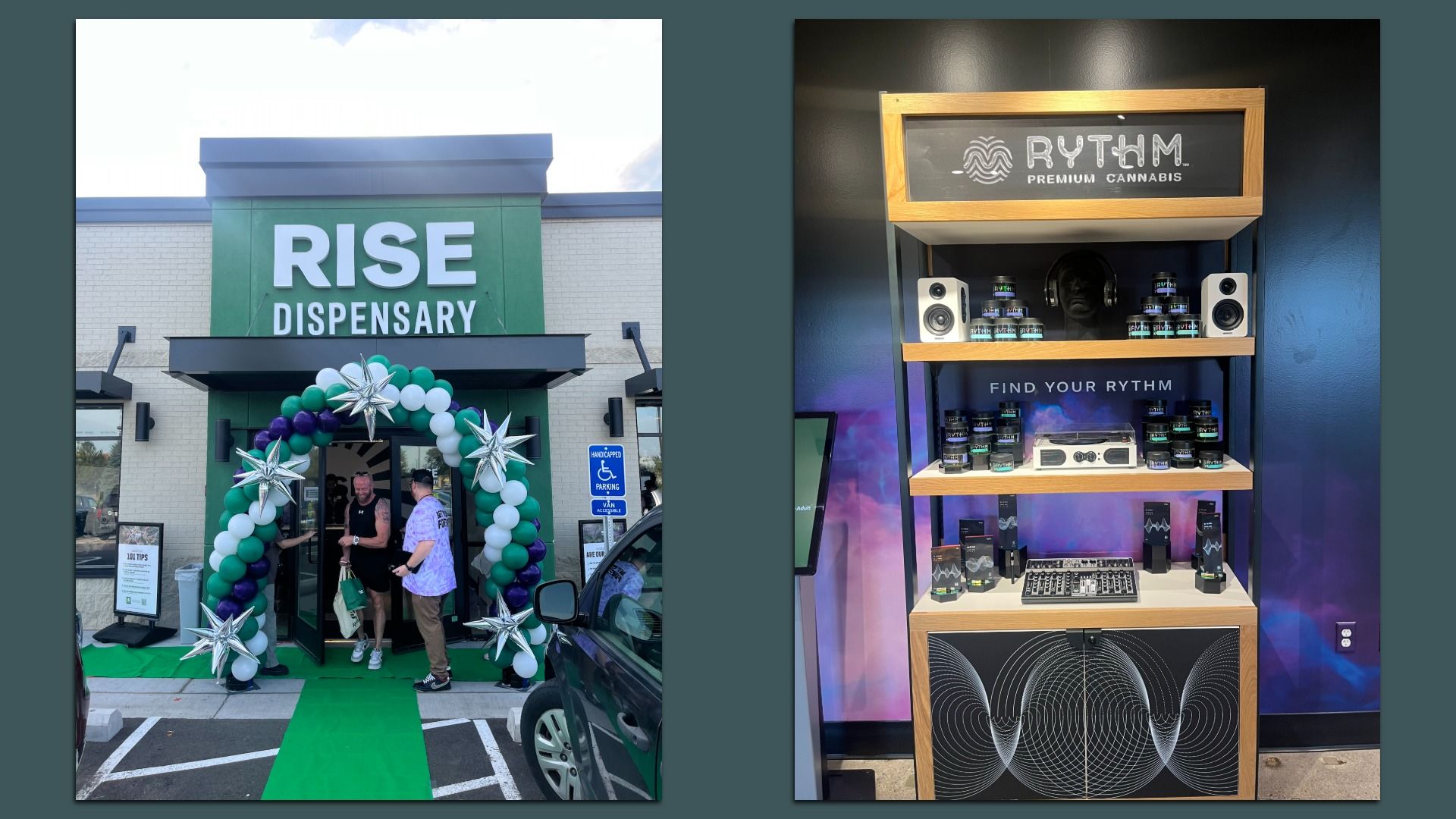 Left: Exterior of Rise Dispensary with green, white, and purple balloon arch and silver star balloons, people entering. Right: Shelves displaying Rythm premium cannabis products with black, wood, and purple backdrop.