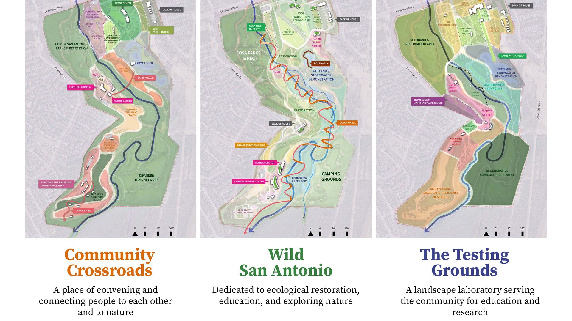 Side-by-side image showing three arboretum conceptual maps.