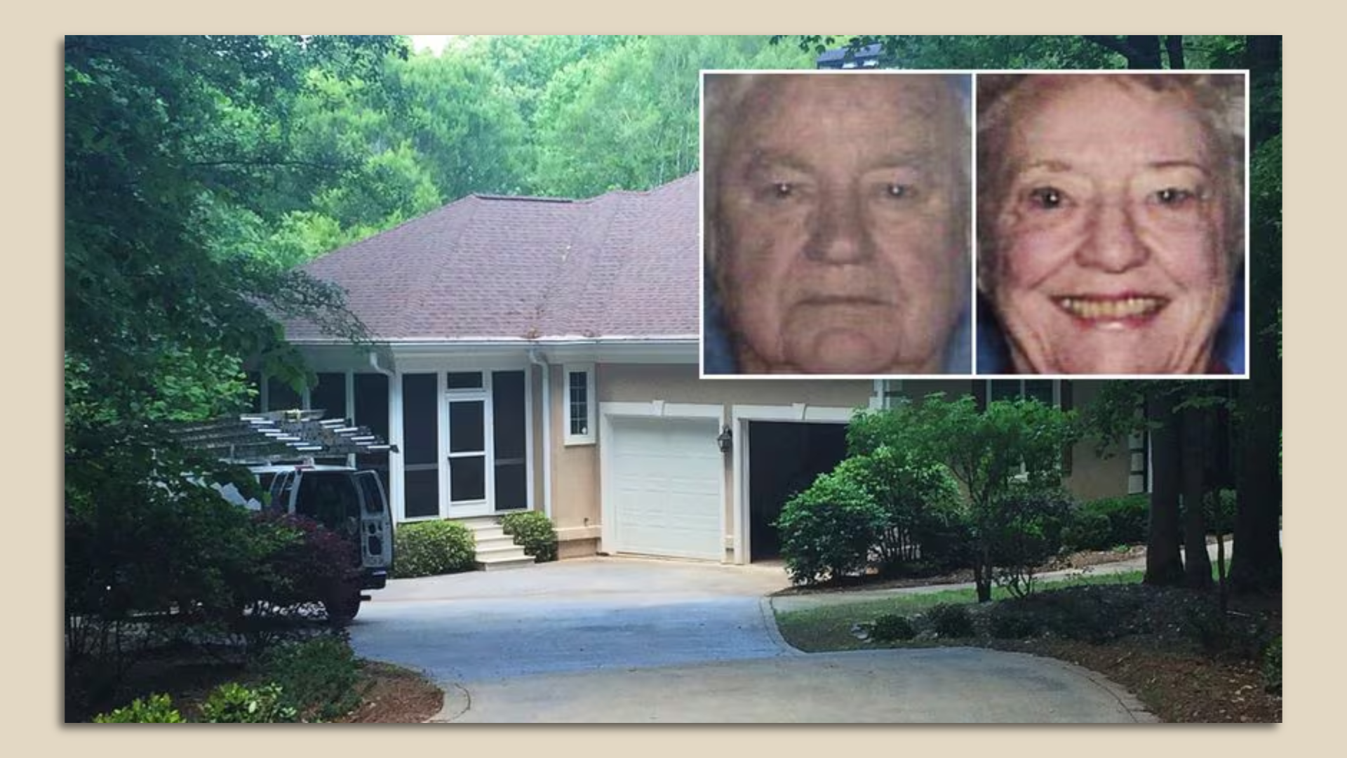 Side by side photos of a senior man and woman overset on an image of a driveway leading to a tan colored home with an open garage door.
