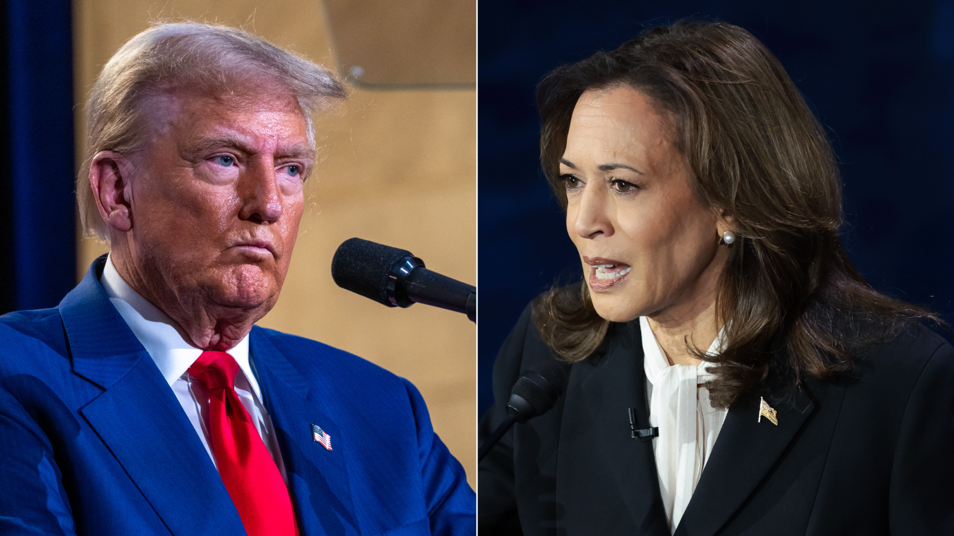 Side by side images of former President Trump and VP Harris