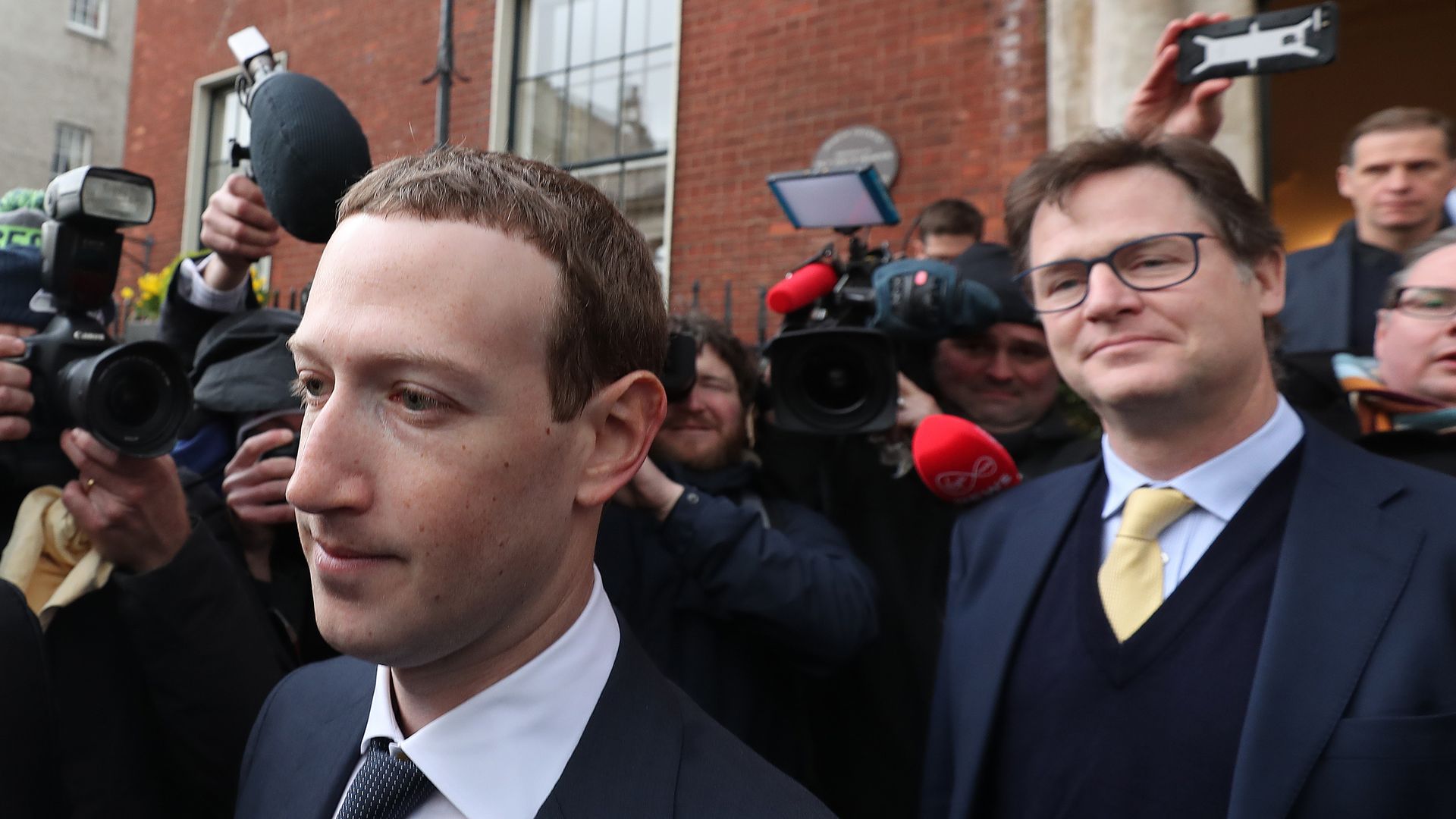  Facebook CEO Mark Zuckerberg leaving The Merrion Hotel in Dublin with as its head of global policy and communications Nick Clegg after a meeting with politicians
