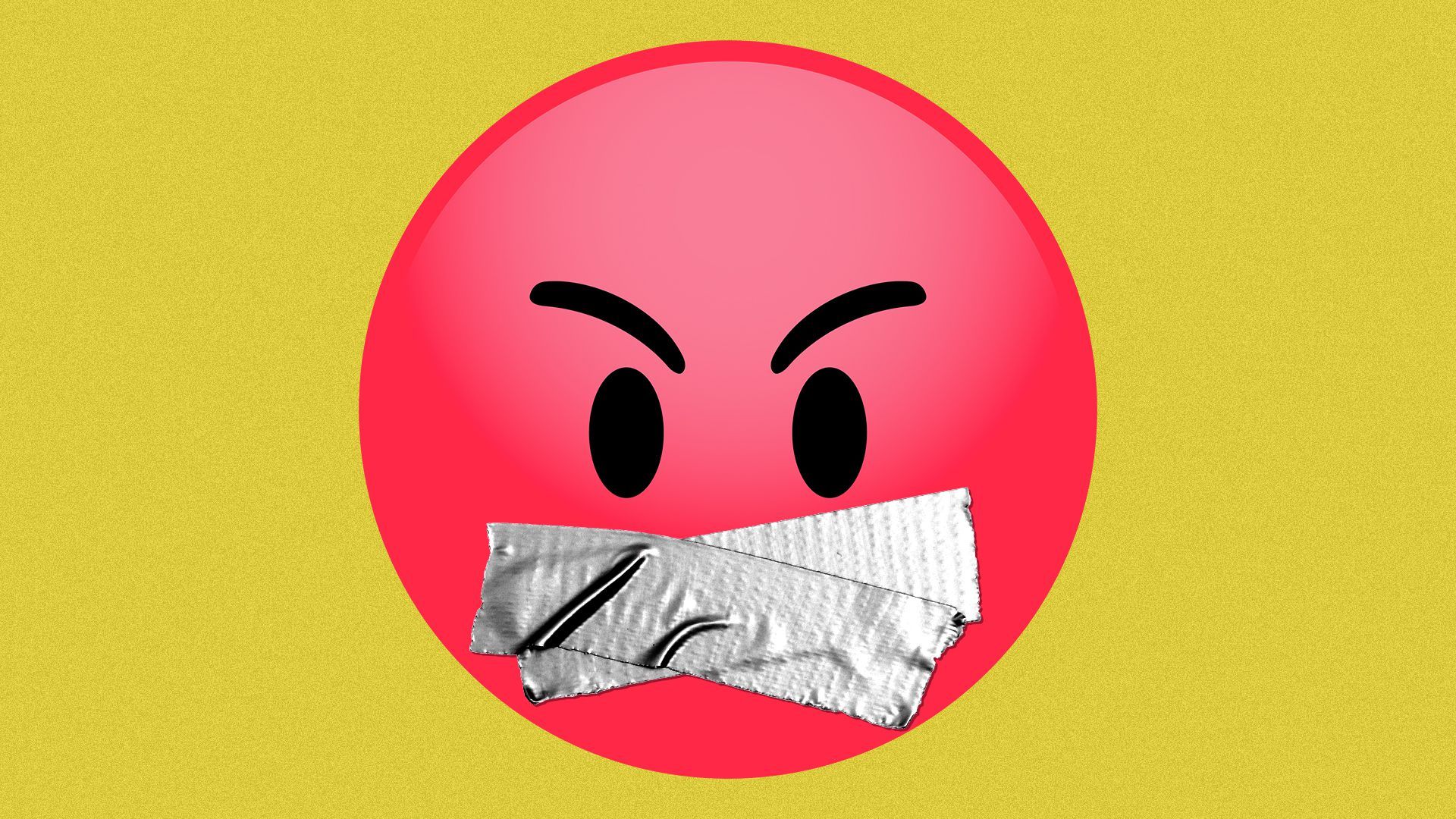 Illustration of an angry emoji with duct tape over its mouth.