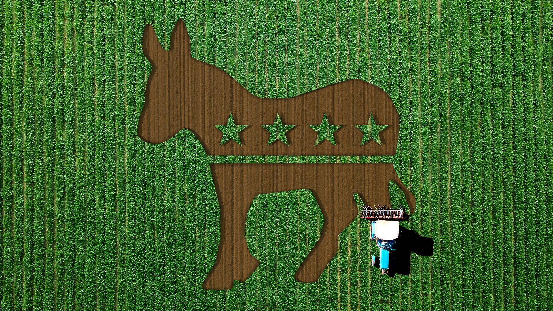 Illustration of a field from above with a tractor creating the Democratic donkey logo in the field. 