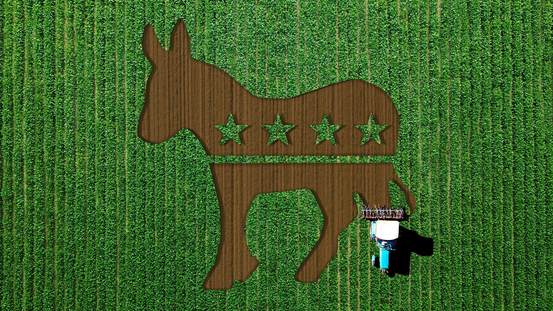 Illustration of a field from above with a tractor creating the Democratic donkey logo in the field.