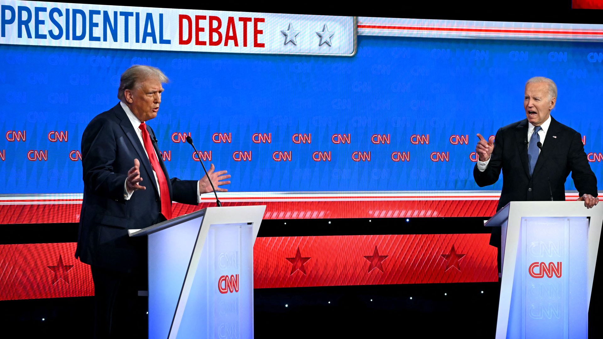  President Joe Biden and former US President and Republican presidential candidate Donald Trump participate in the first presidential debate of the 2024 elections at CNN's studios in Atlanta, Georgia, on June 27, 2024. 