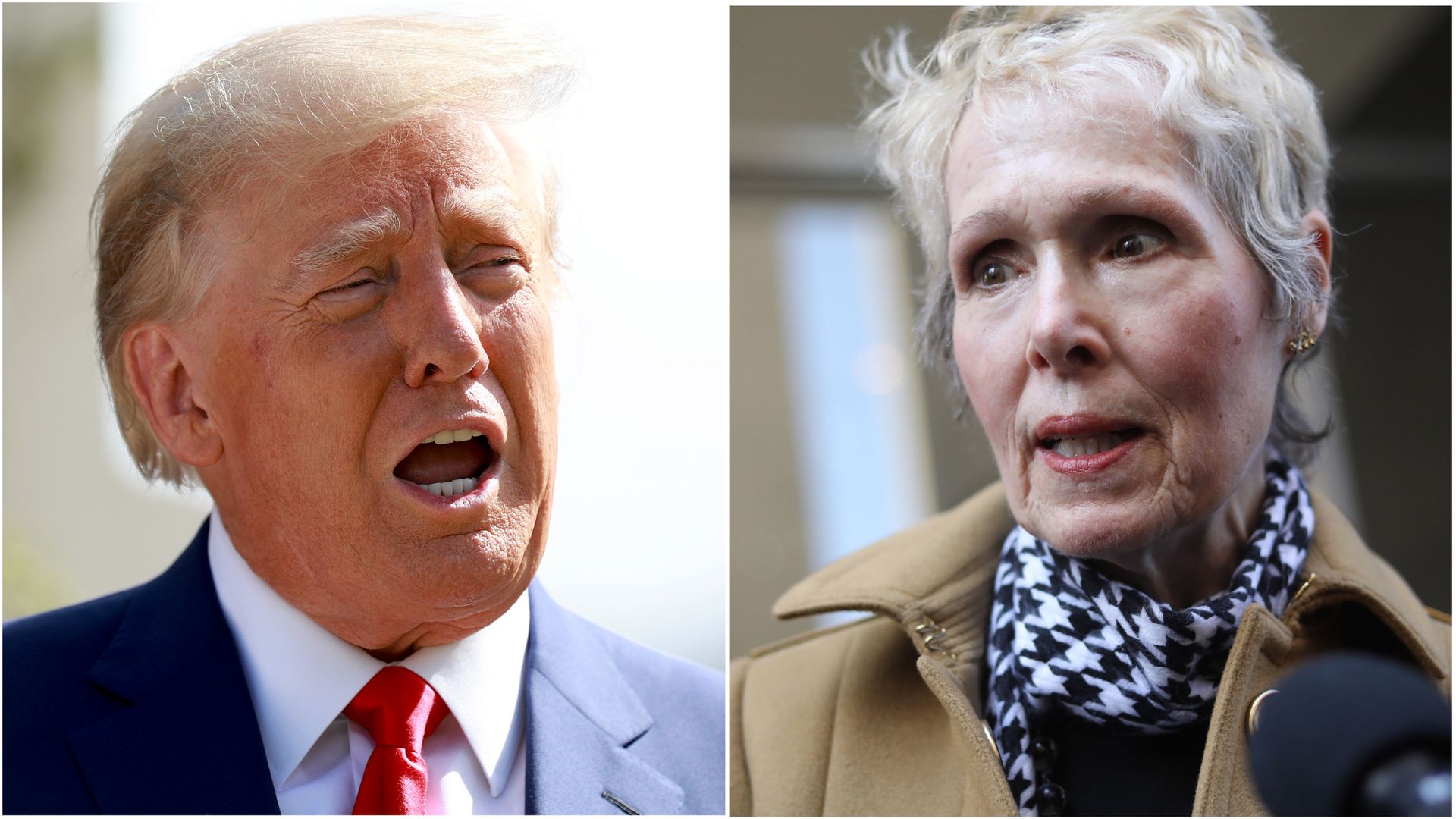 Separate photos of Donald Trump speaking on the left and E. Jean Carroll speaking to reporters on the right 