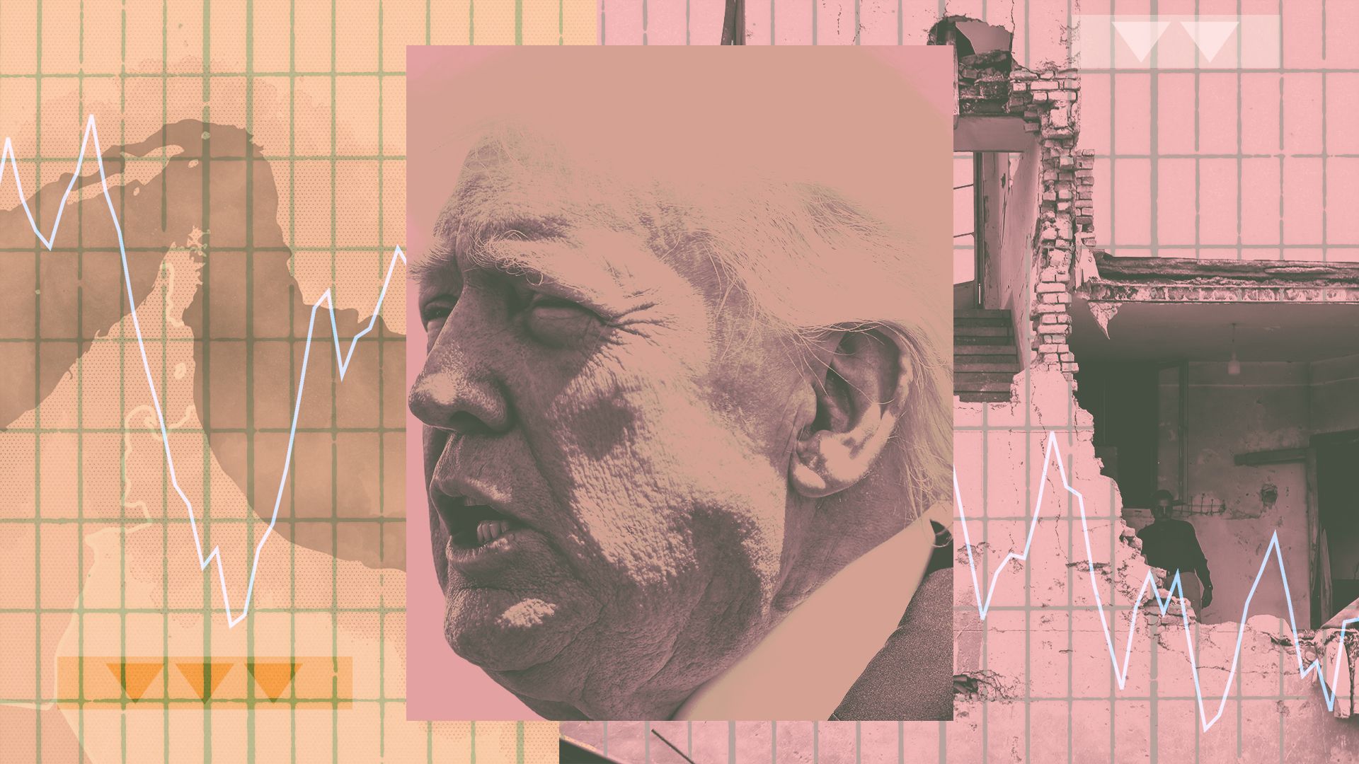 Photo collage of President Trump with graph paper behind him, a downward trending line, a map of the Strait of Hormuz, and a photo of a destroyed building in Tehran