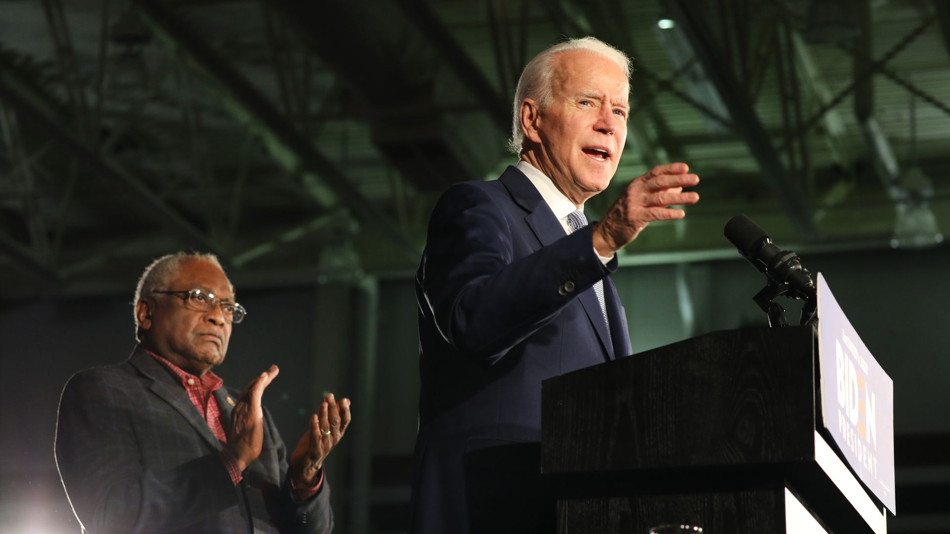 COLUJoe Biden, with Rep. Jim Clyburn (D-S.C.), speaks in Columbia, S.C. after declaring victory in the state's Democratic primary on Feb. 29, 2020.