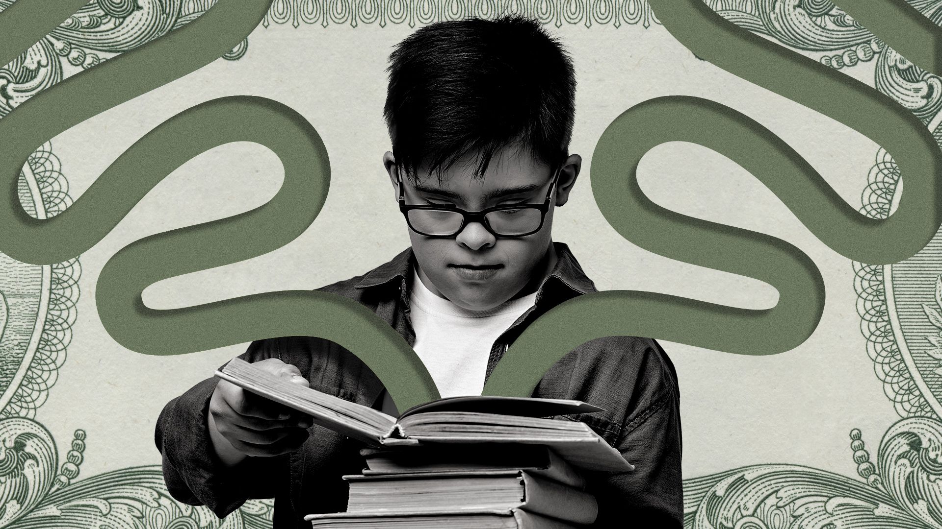 Illustration of a student against a background made up of a money texture with cut out pieces representing a lack of funding.