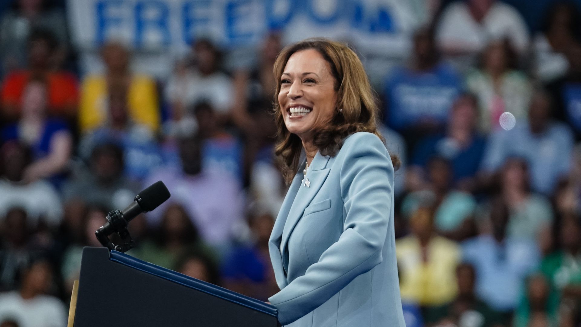 US Vice President and 2024 Democratic presidential candidate Kamala Harris speaks at a campaign event in Atlanta, Georgia, on July 30, 2024.