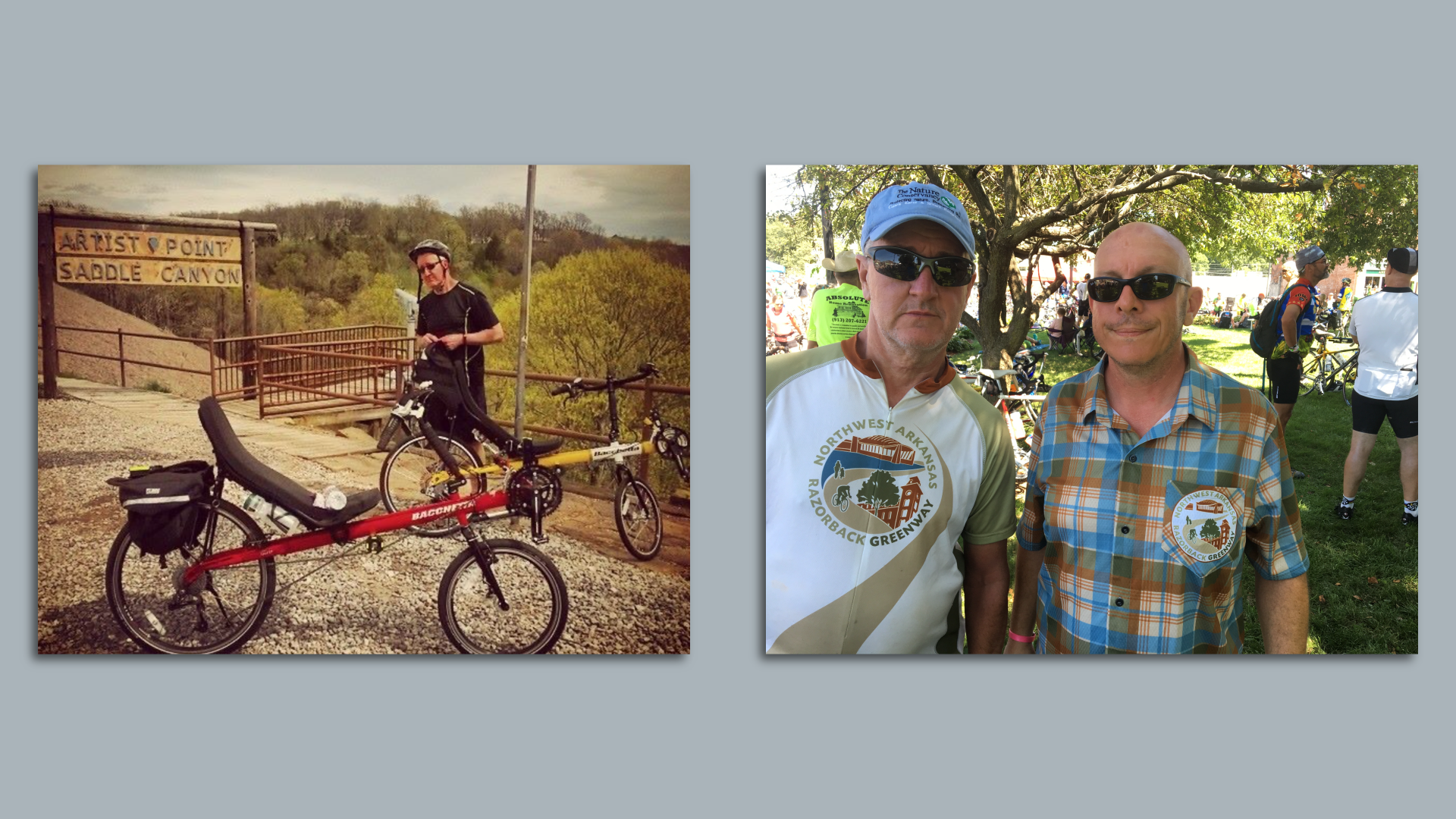 A composite photo: left of a man near two bike and right of two men in cycling jerseys. 