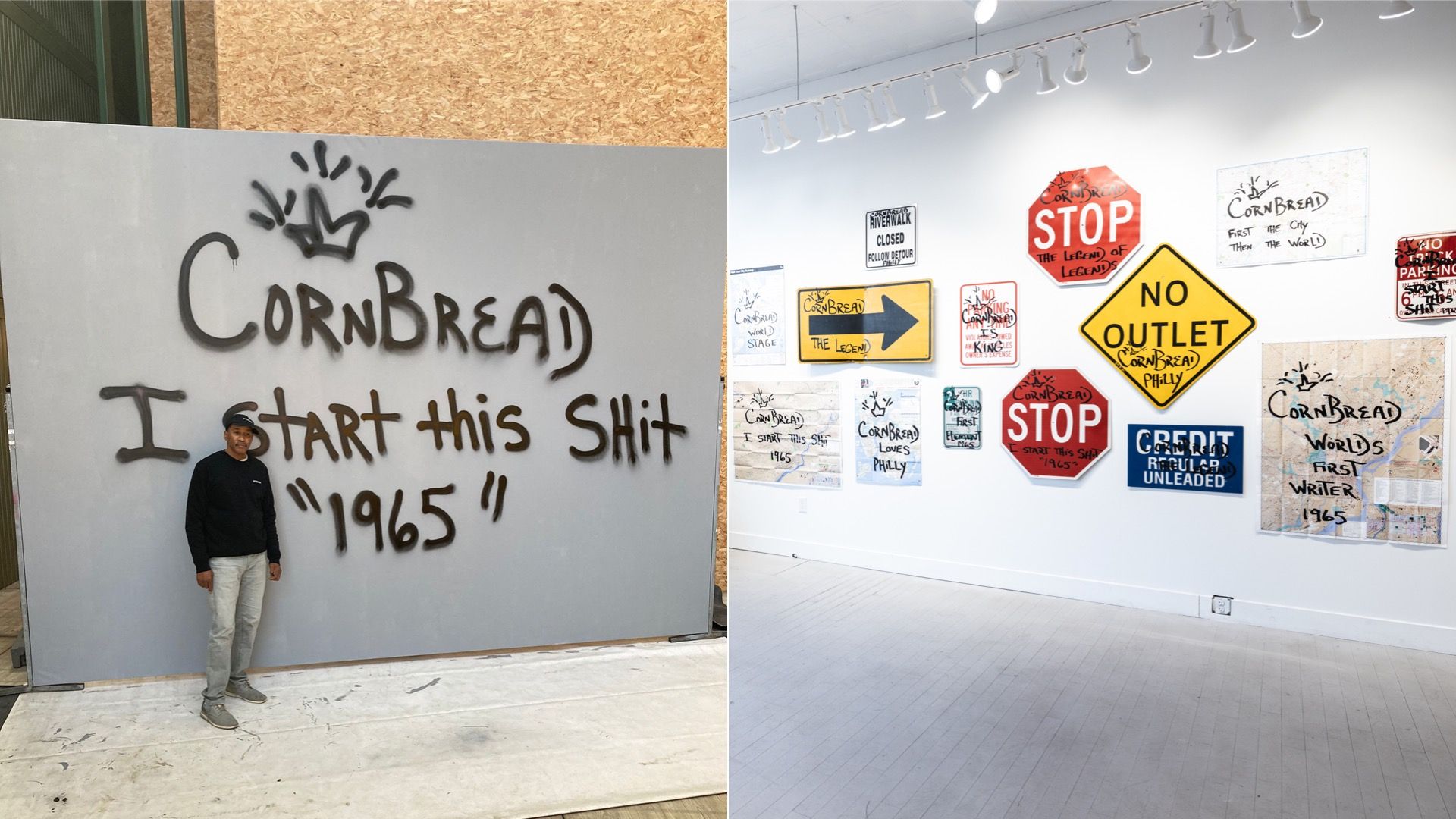 Left to right: Darryl "Cornbread" McCray in black sweater and gray pants stands by wall with graffiti "Cornbread I start this Shit 1965"; gallery wall with various street-style signs and graffiti referencing Cornbread.