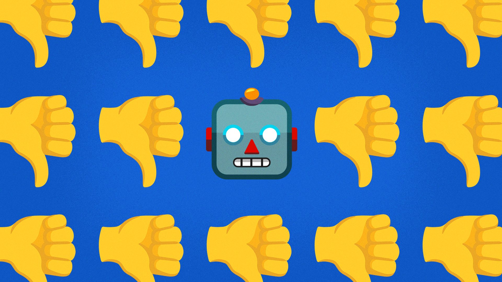 Illustration of a robot emoji surrounded by thumbs down emojis.