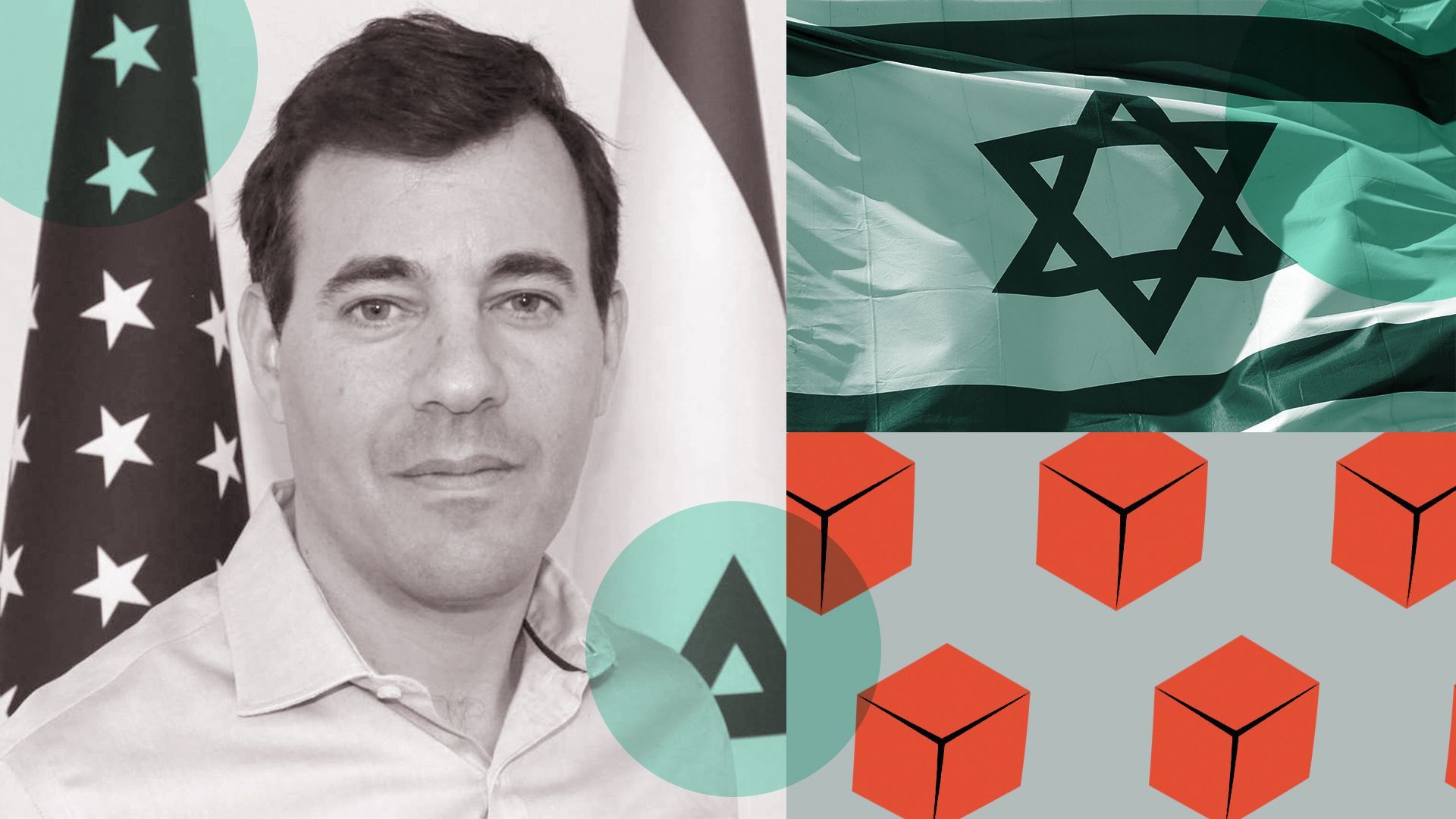 Photo illustration of Noach Hacker with the Israeli flag and blocks in the background.