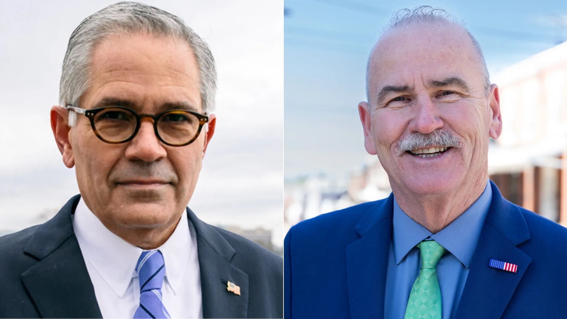 Split image of two older men in suits with American flag lapel pins; the left man has gray hair, glasses, and a purple patterned tie; the right man is nearly bald with a mustache and a green tie.