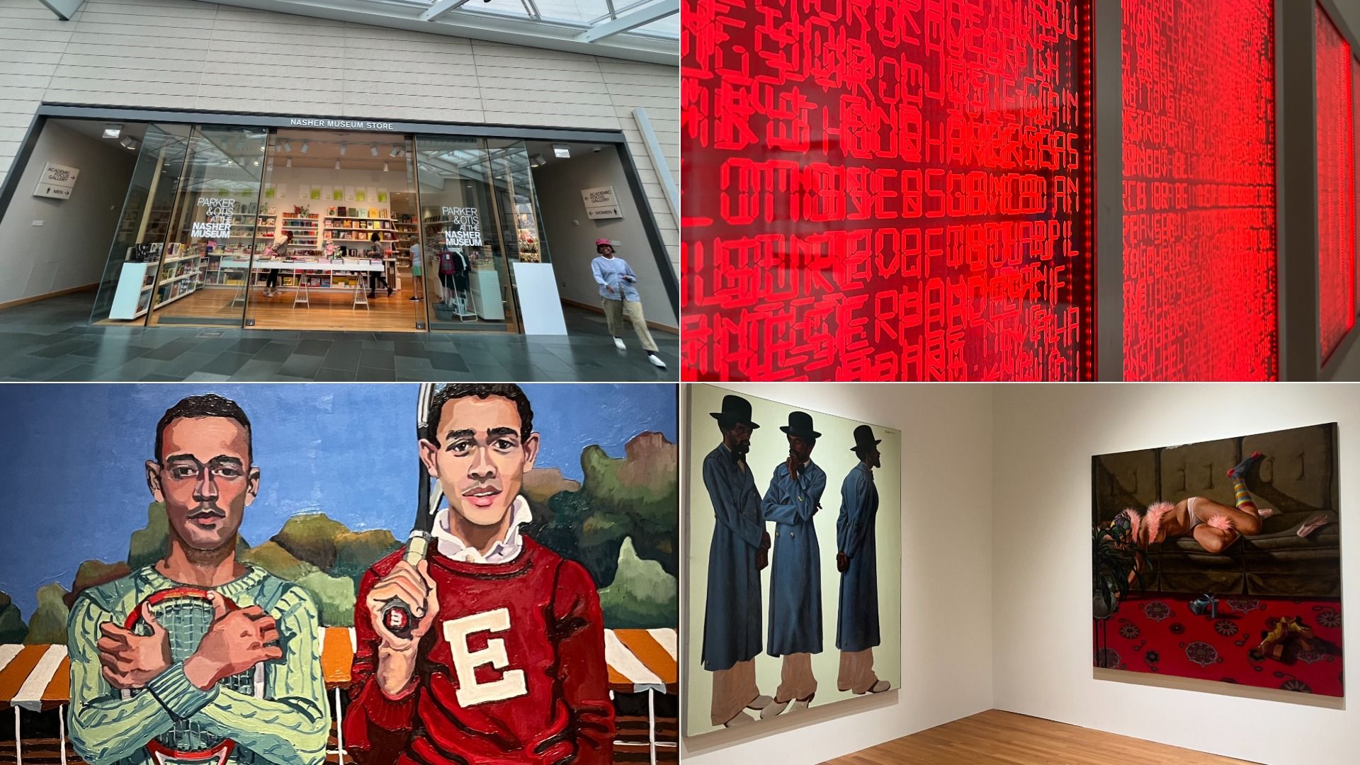 Collage at Nasher Museum: top-left glass store entrance with shelves; top-right red neon/letter wall; bottom-left painting of two men; bottom-right two paintings hang in gallery, with men in hats at left 