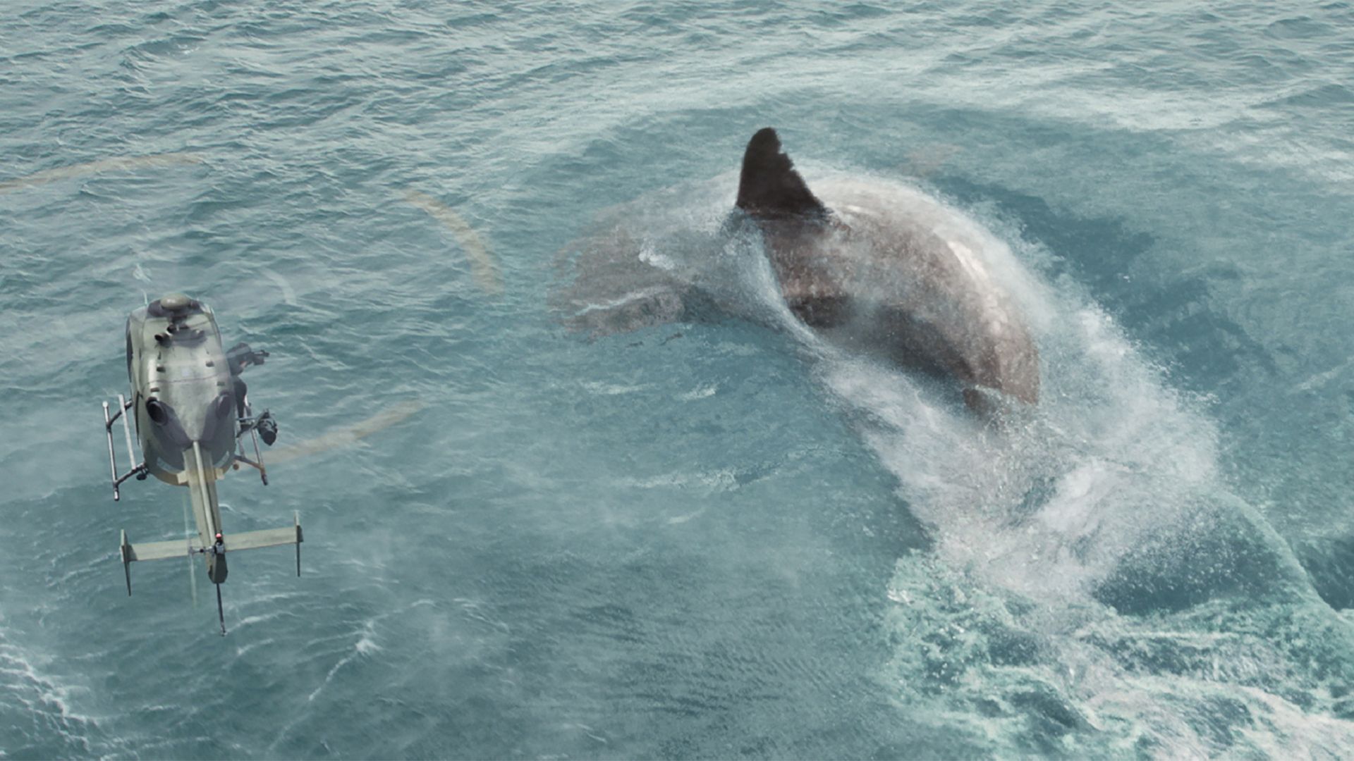 The eponymous giant shark of the film "The Meg" swims in the ocean.