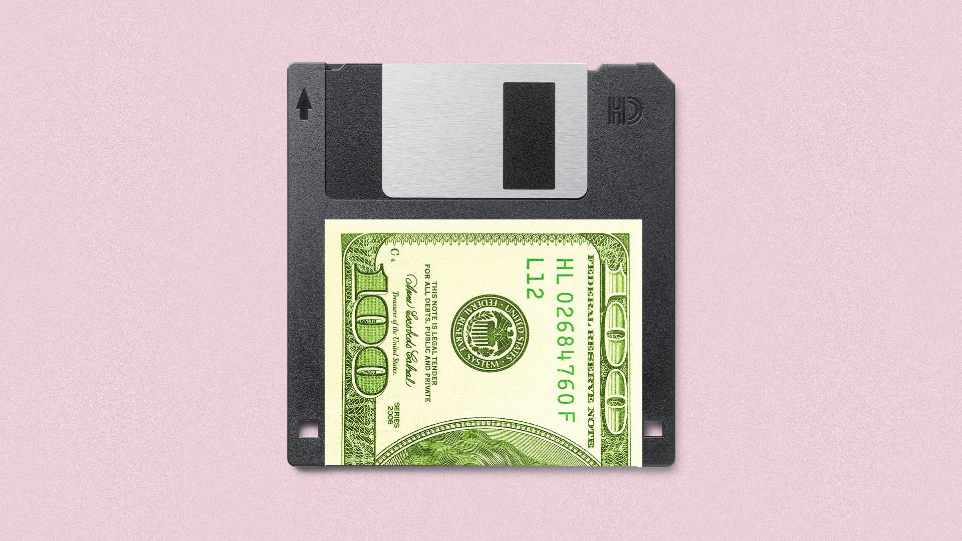 Illustration of a hundred dollar bill as the label on a floppy disk.  