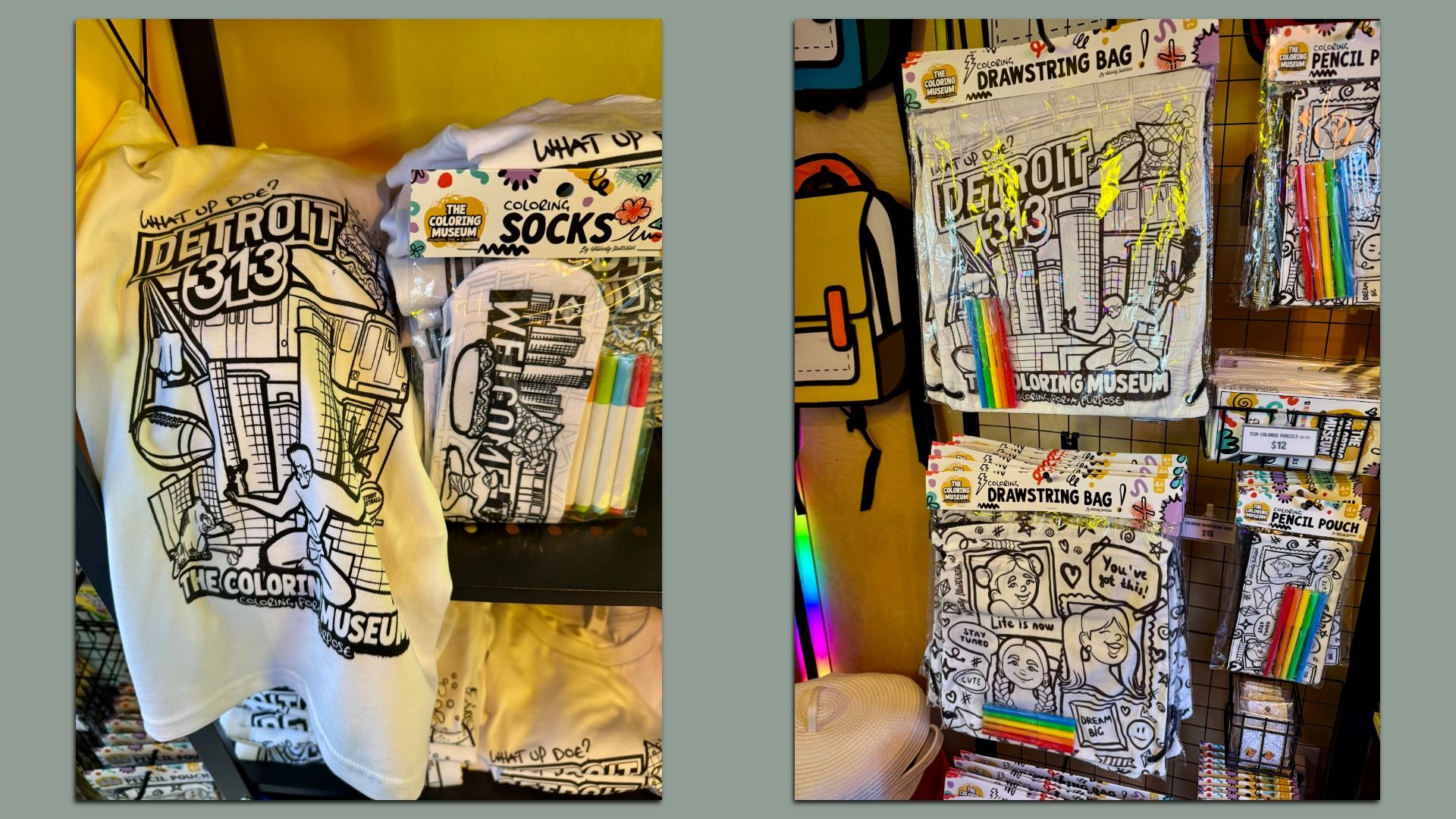 Display of Detroit-themed coloring products including socks, t-shirts, drawstring bags, and pencil pouches with black-and-white city designs. Markers included.