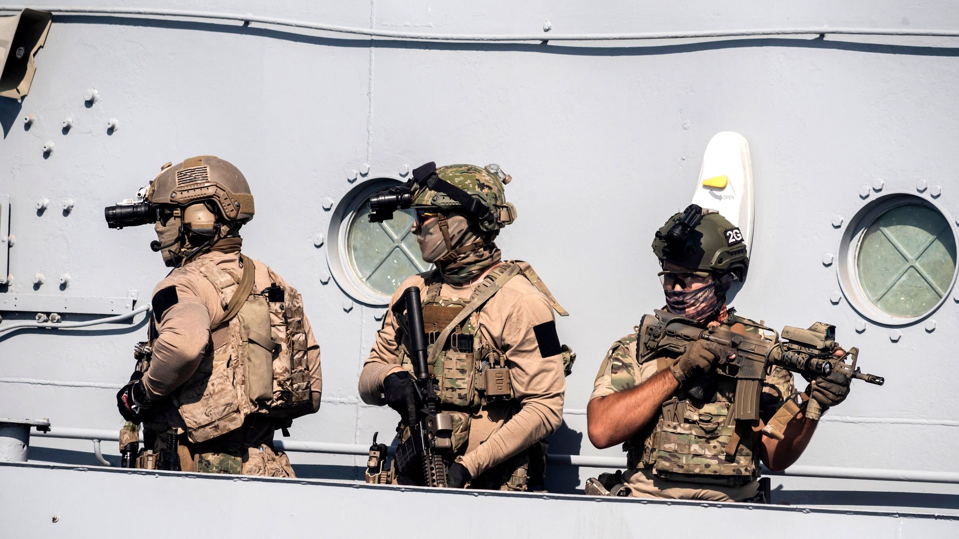 Cypriot Navy special forces and US Navy SEALS take part in a joint US-Cyprus rescue exercise in the port of the southern Cypriot port city of Limassol on September 10, 2021. 