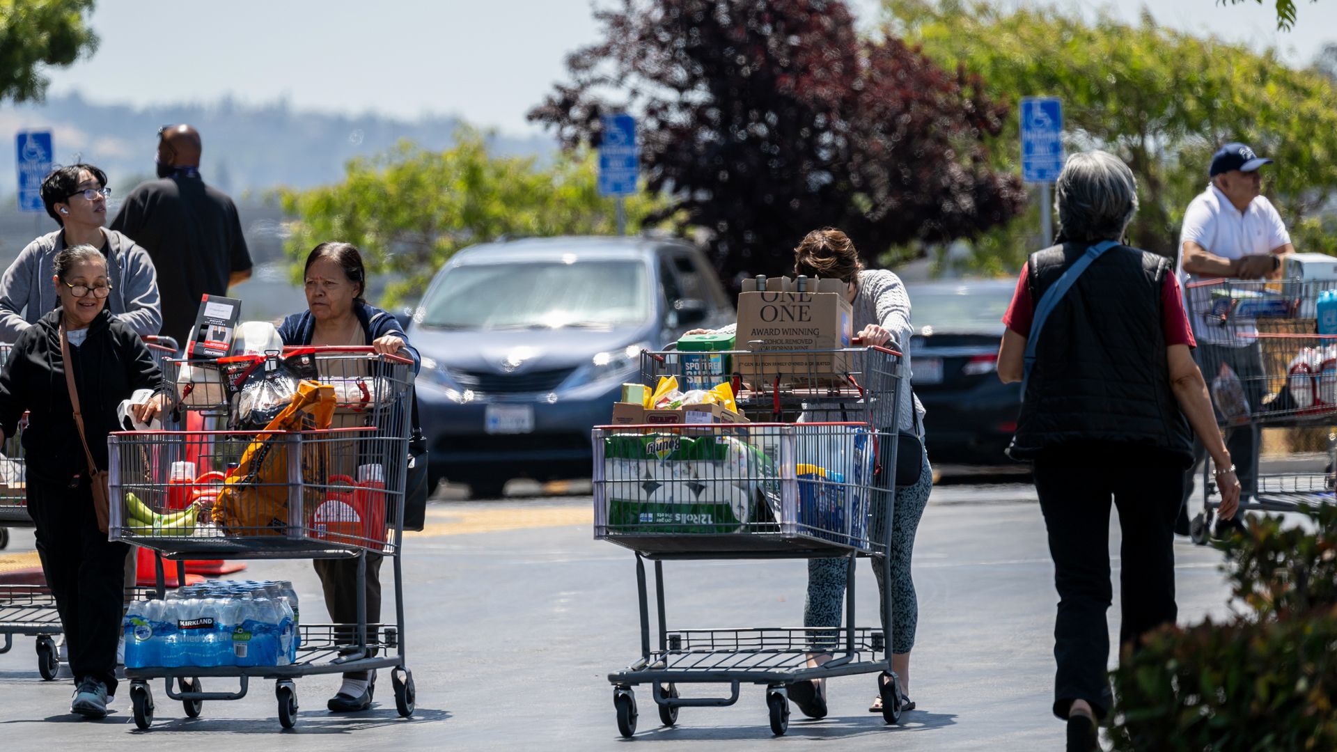 People in a Costco parking lot with shopping carts