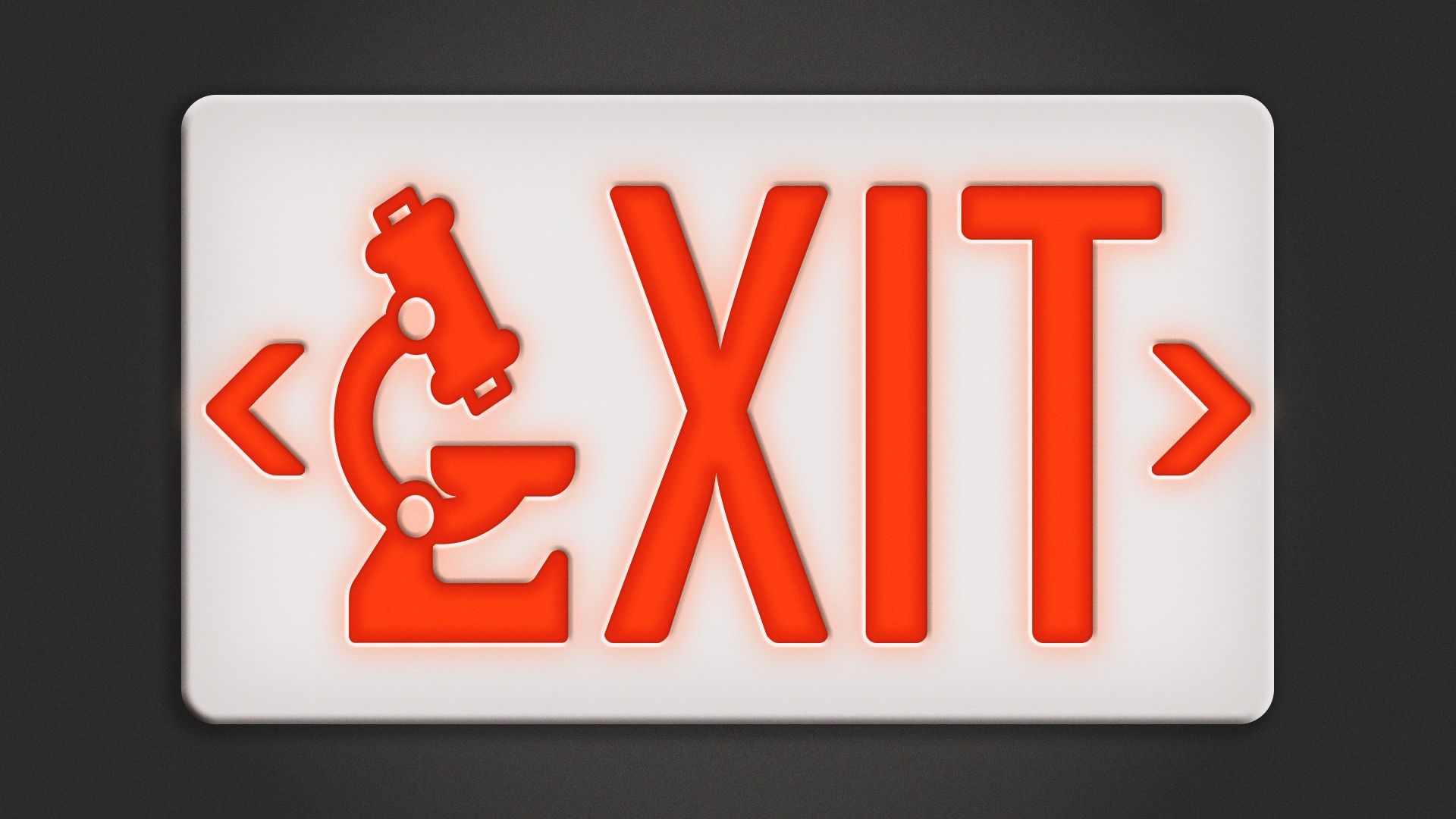 Illustration of an exit sign with a microscope forming the "E".