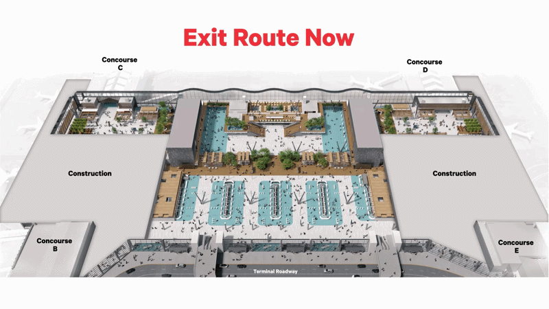 Animated gif shows a diagram of construction at the Portland International Airport with old exit routes highlighted and the new routes shown as they'll look when construction is complete.