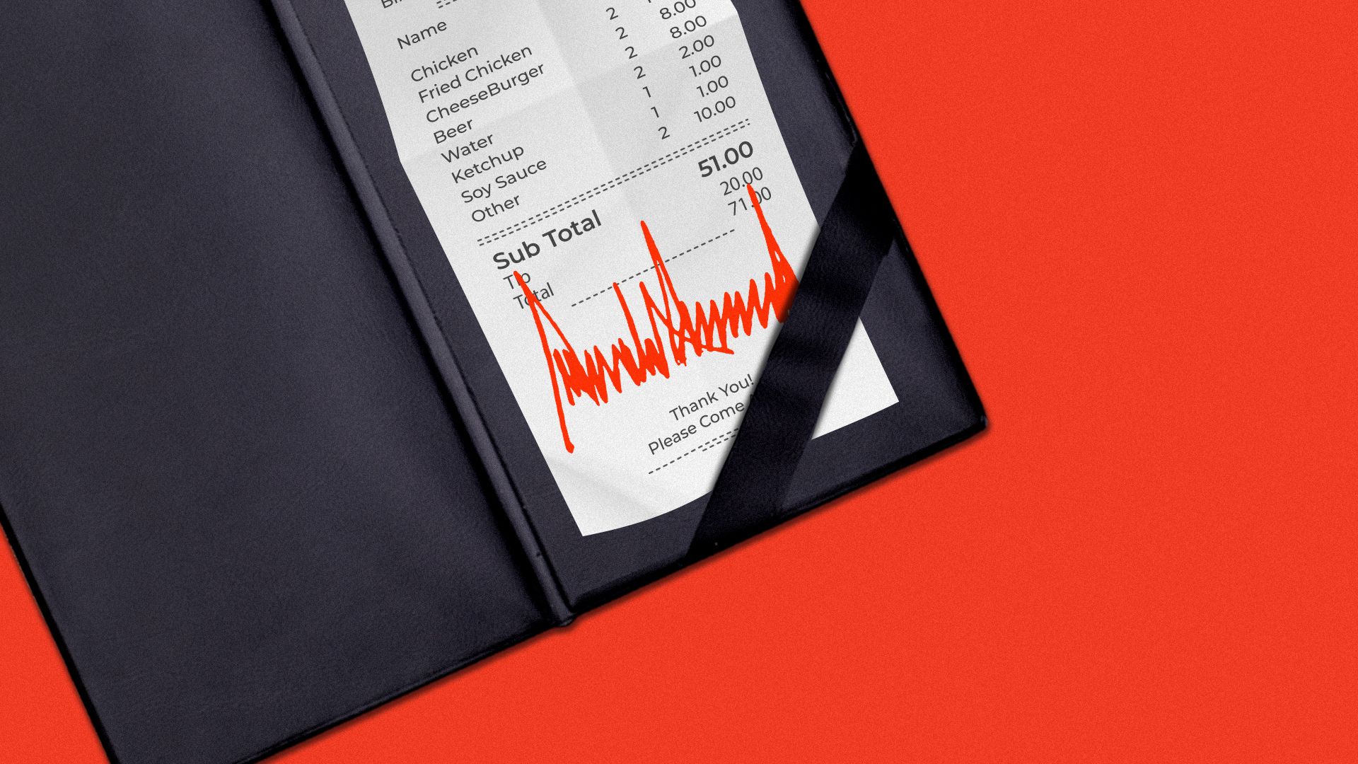 Illustration of a restaurant receipt signed by Donald Trump.