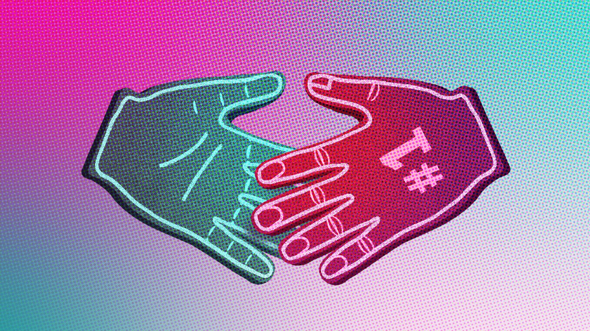 Illustration of two foam fingers about the shake hands