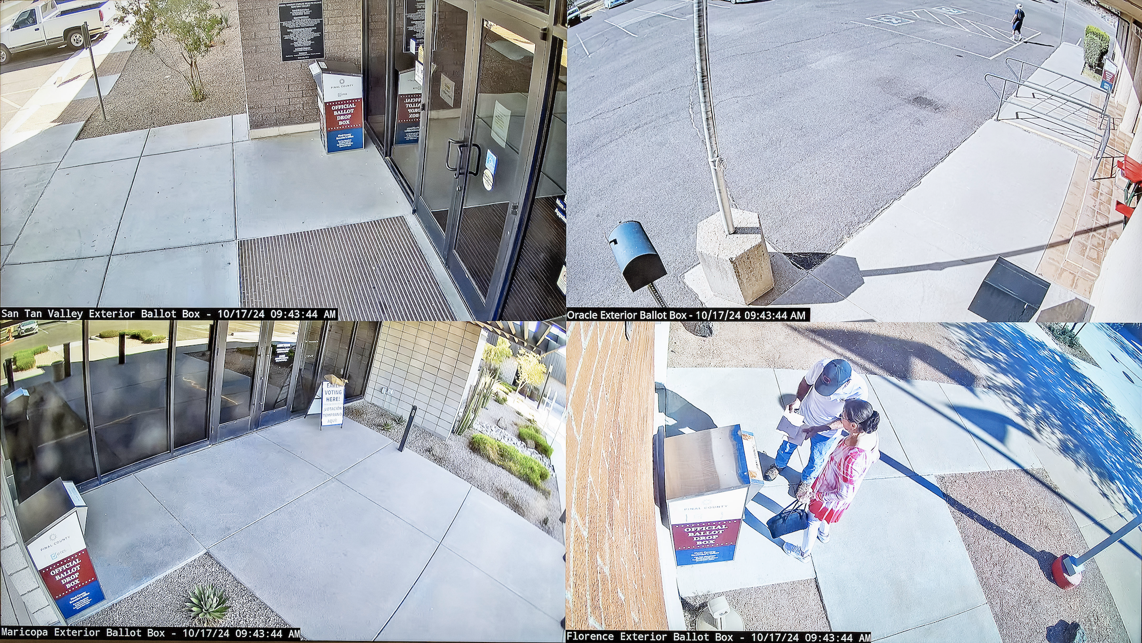 A screen displays real-time footage from cameras monitoring the various drop boxes installed throughout the county,from a glass-enclosed room open to the public, where visitors can observe the verification process at the new electoral center in Pinal County, Florence, Arizona