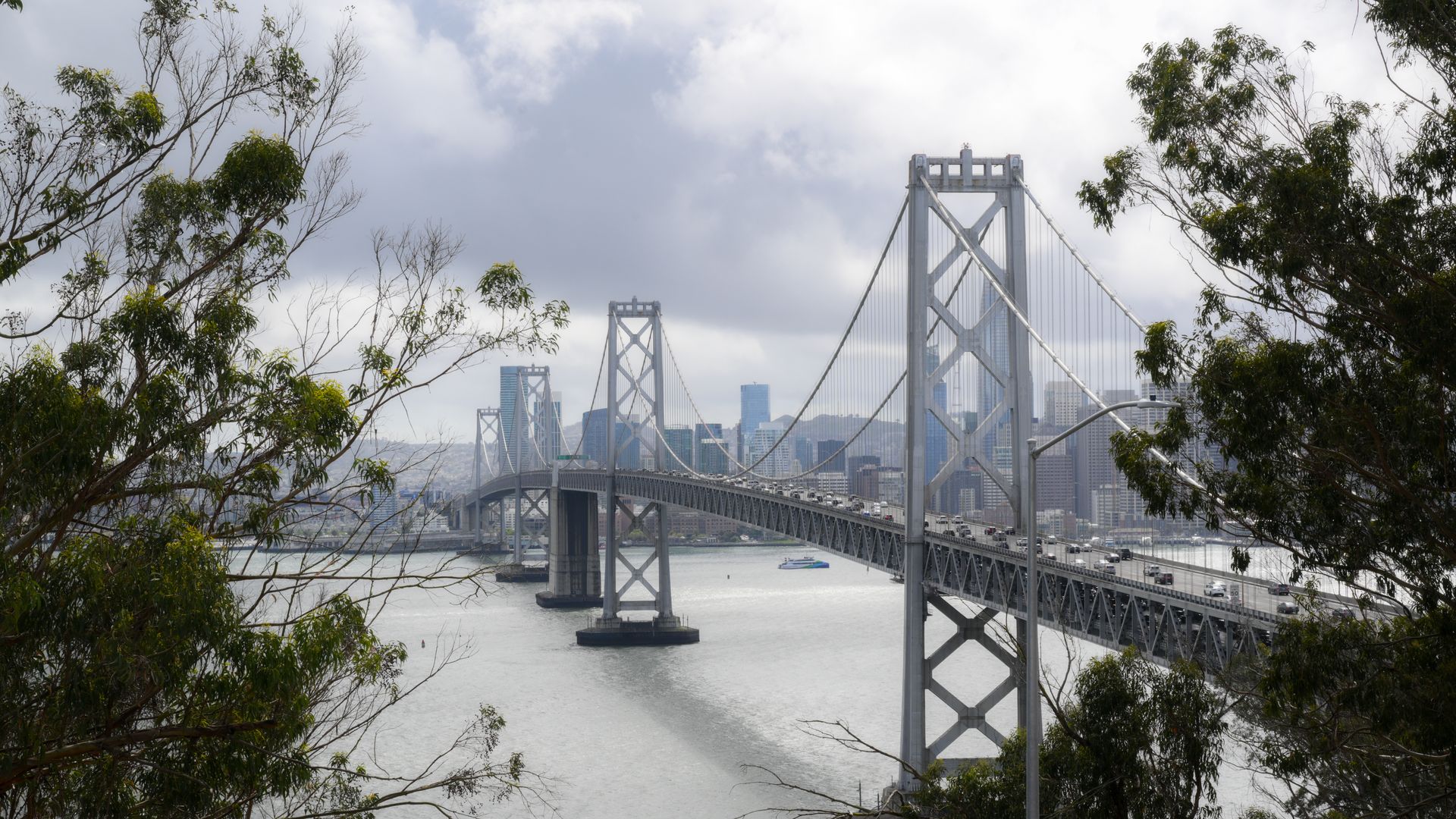 Wide view of a gray suspension bridge crossing a river, with a distant city skyline. Foreground trees frame the scene on both sides under a cloudy sky.