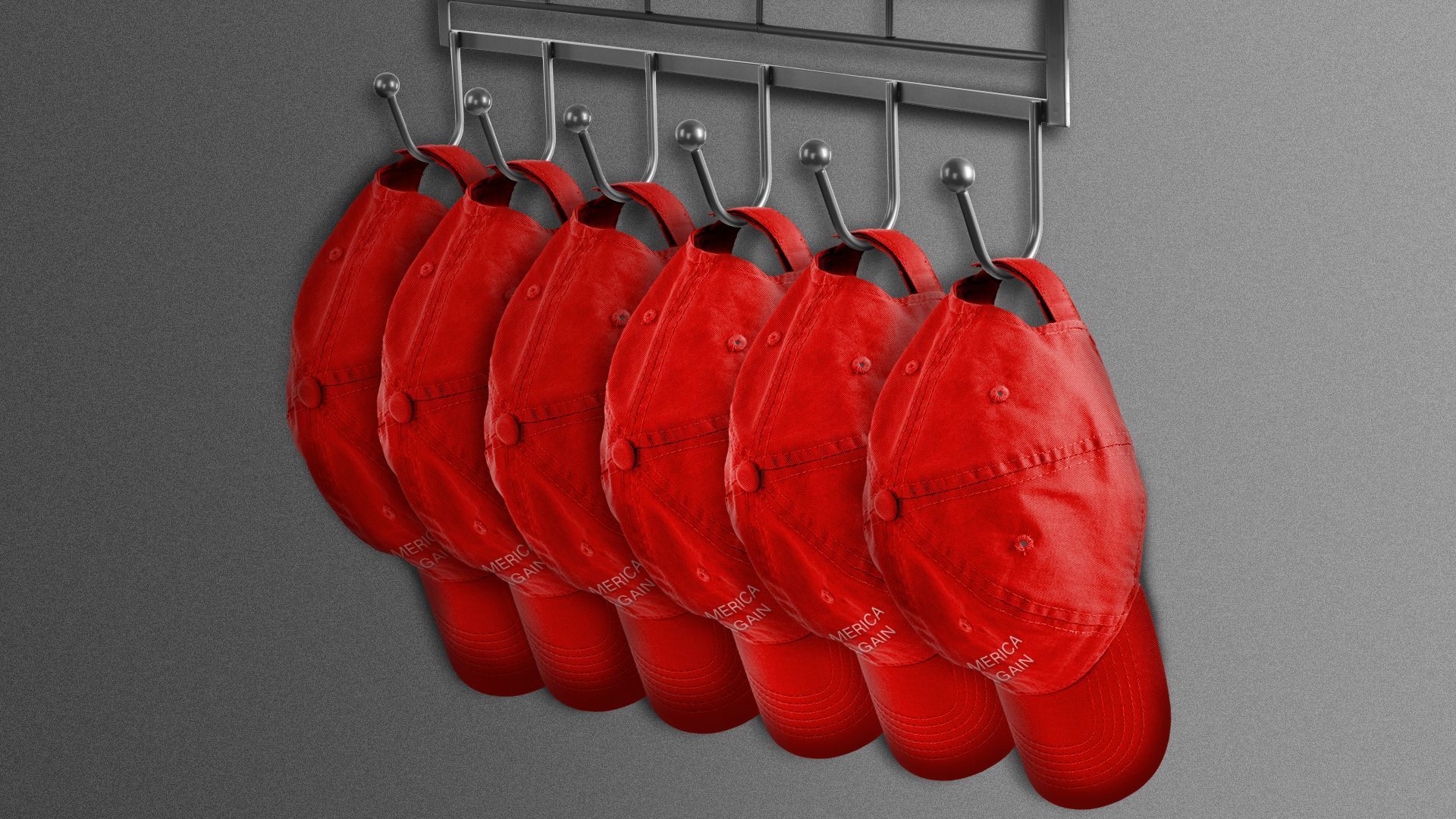 Illustration of a line of Maga hats on coat hooks
