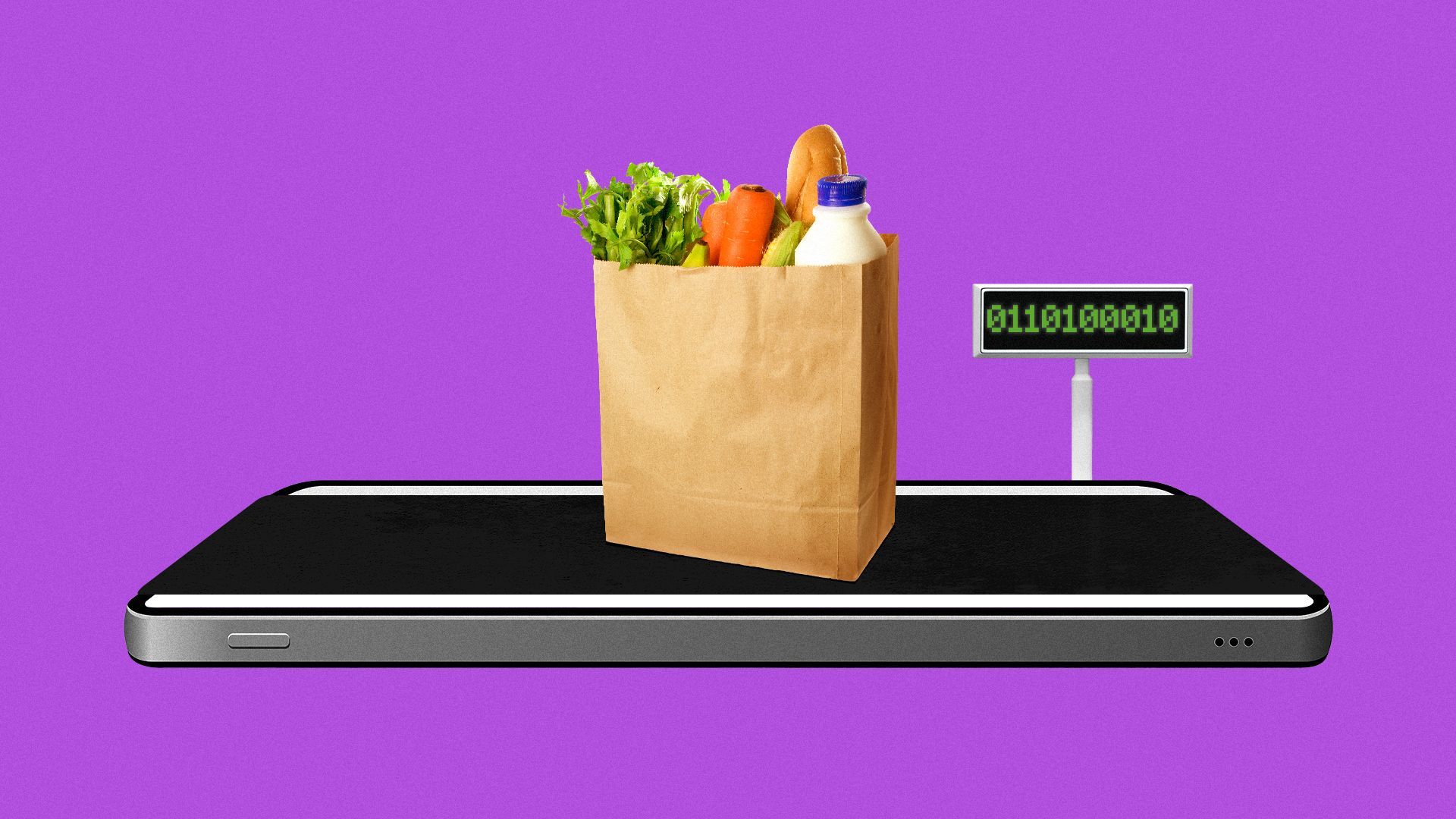 Illustration of a bag of groceries on a conveyor belt wrapped around a cell phone.