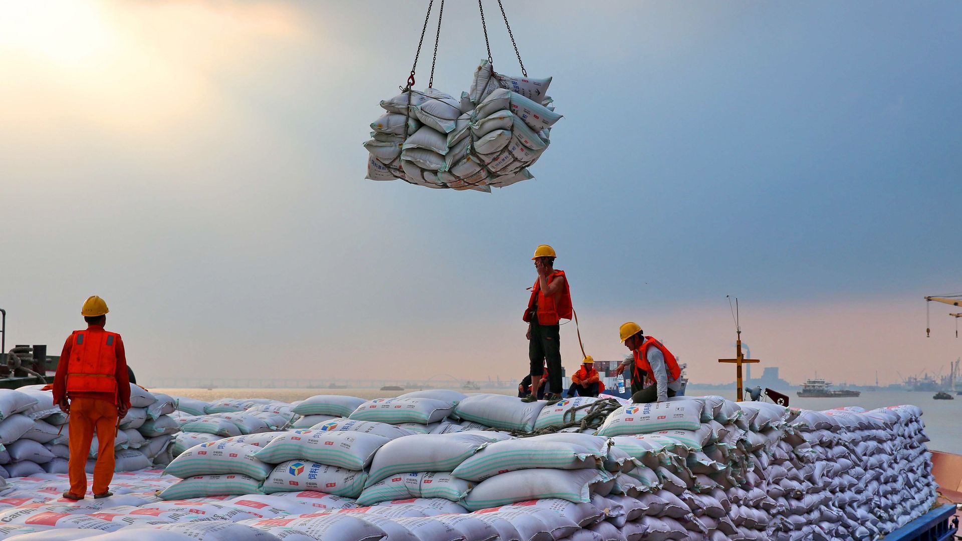 Workers unloading bags of soybeans at a port in China