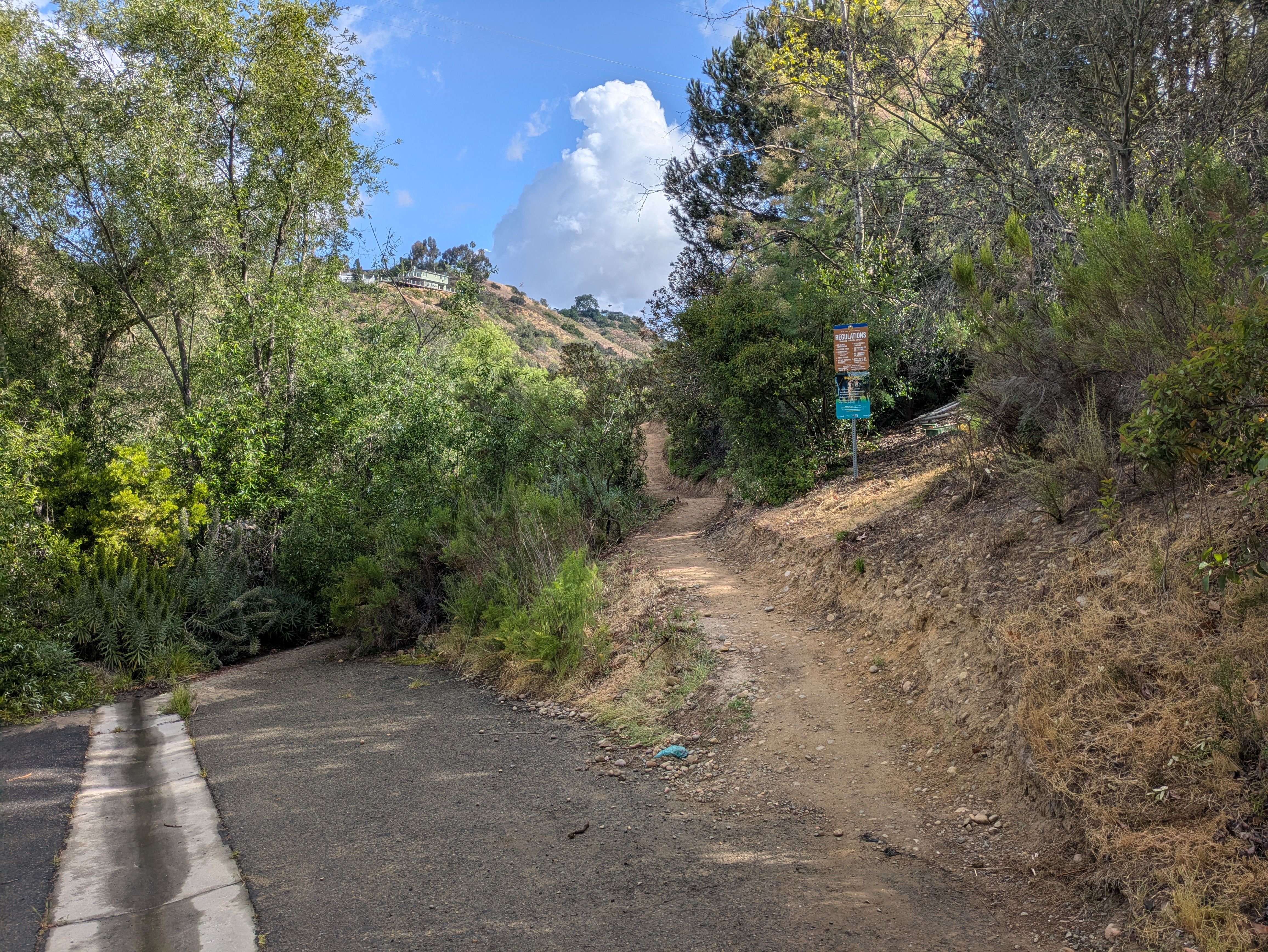 Wide hillside trail with a dirt path on the right, a paved road on the left, and dense green brush. A brown sign reads "Regulations"; distant house on a hill under a bright blue sky.
