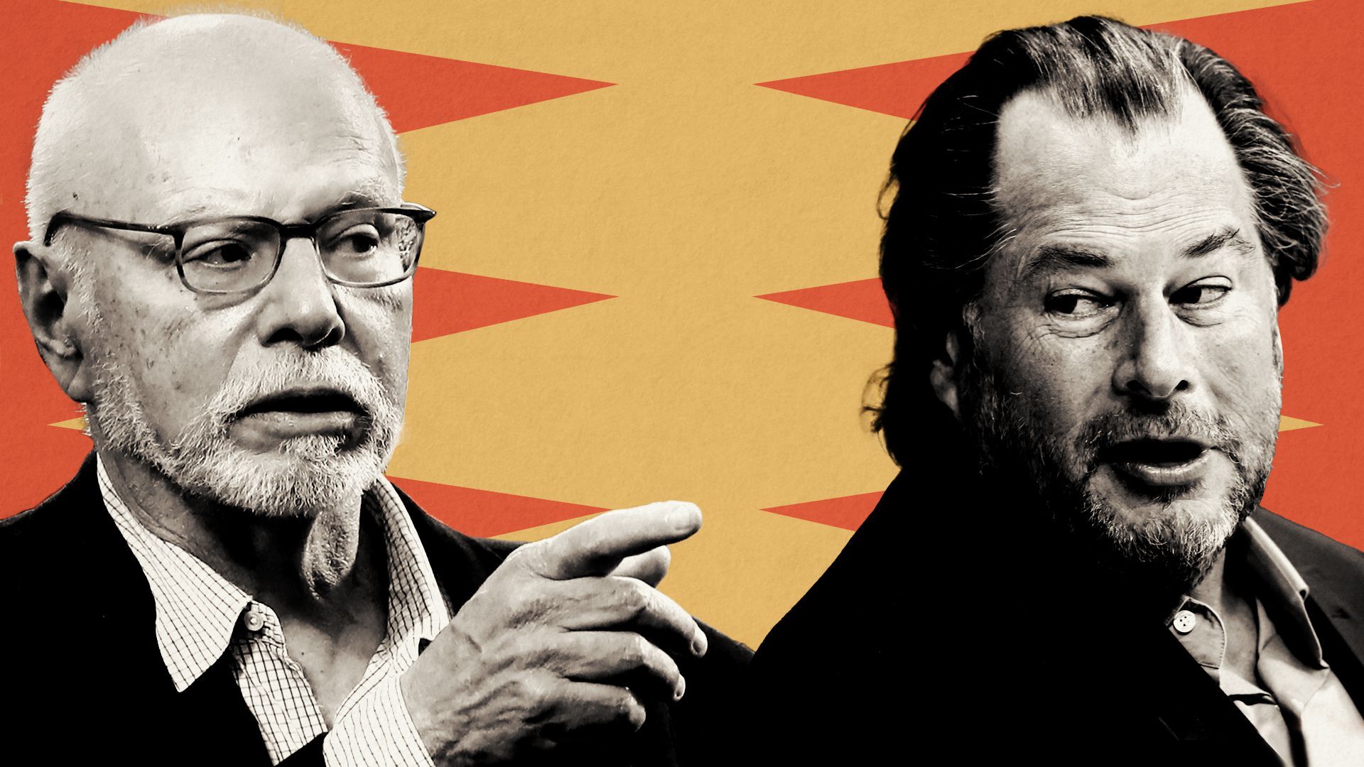 Photo illustration of Paul Singer and Marc Benioff.