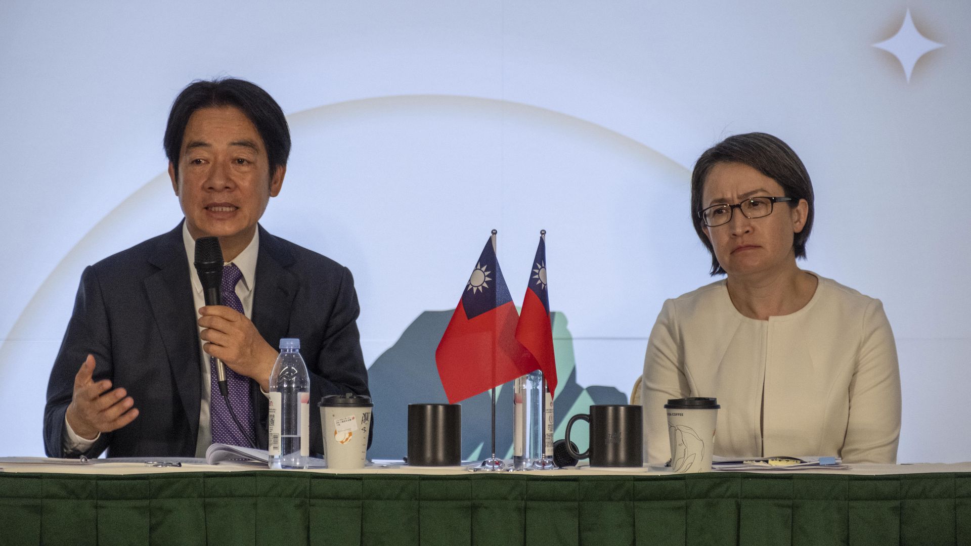 Lai Ching-te, Taiwan's vice president and presidential candidate for the ruling Democratic Progressive Party, left, and his running mate Hsiao Bi-khim, Taiwan's former representative to the US, during a news conference in Taipei, Taiwan, on Tuesday, Jan. 9, 2024.
