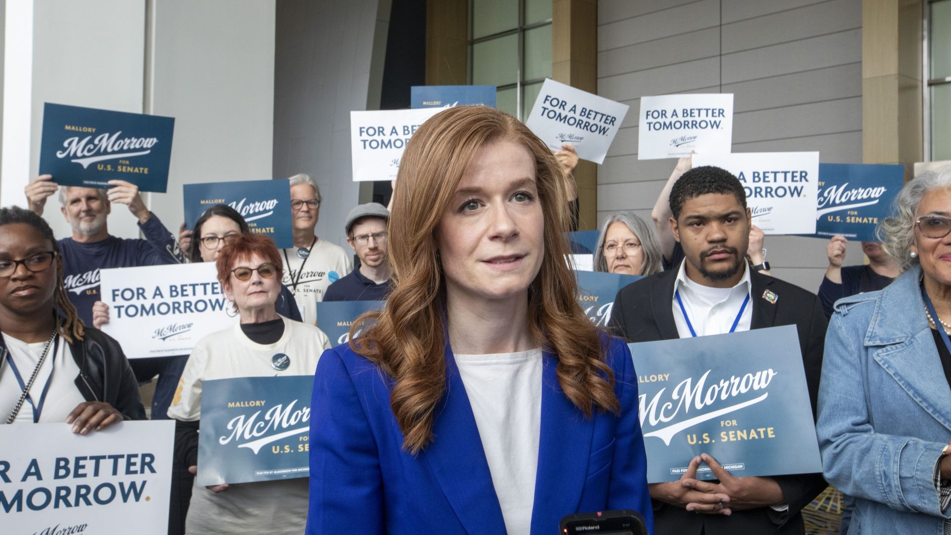 Michigan state Sen. Mallory McMorrow speaks while campaigning at the Michigan Democratic Nominating Convention in Detroit on April 19, 2026, during her U.S. Senate campaign.
