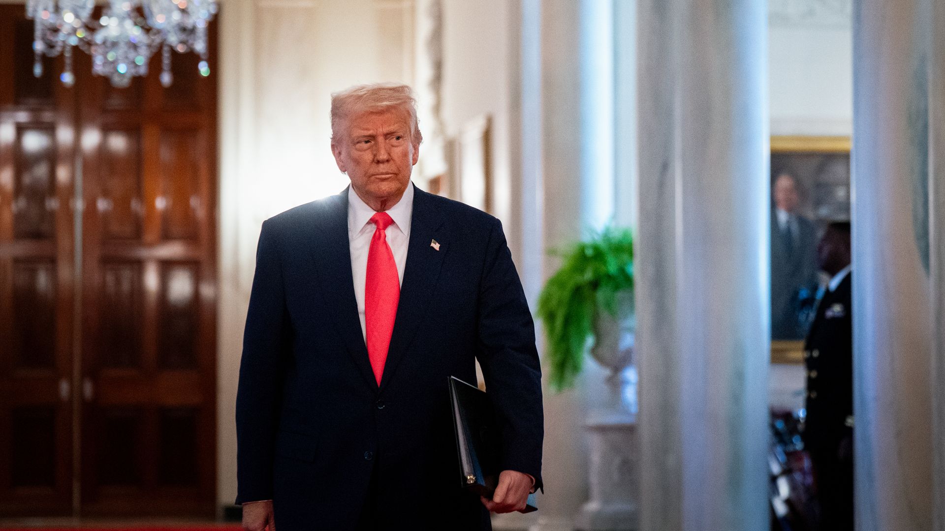 Trump arrives for an executive order signing ceremony in the East Room of the White House in Washington, DC, US, on Tuesday, April 8, 2025. Trump is moving to expand the mining and use of coal inside the US, a bid to power the boom in energy-hungry data centers while seeking to revive a declining US