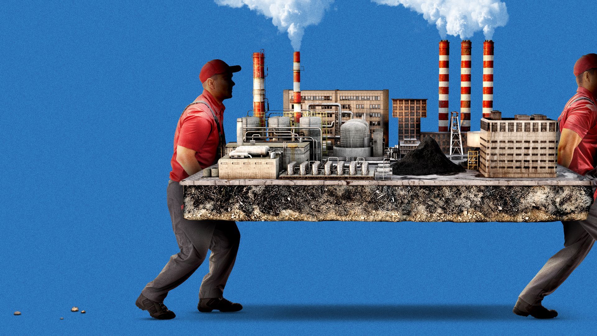 Illustration of two movers carrying away a working factory. 