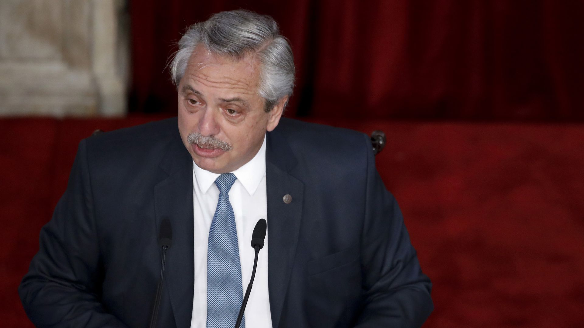 President Alberto Fernandez (L) gives his annual speech during the opening session of the 139th period of the Argentine Congress on March 01, 2021 in Buenos Aires, Argentina. 