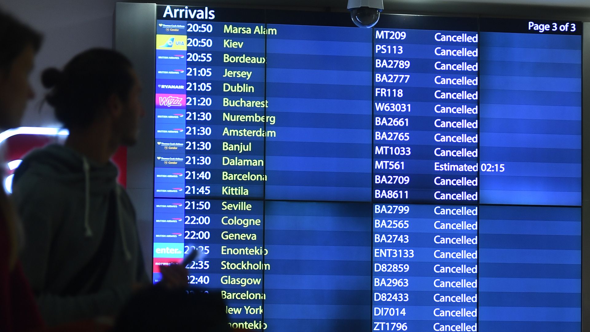 Airport board with list of flights canceled