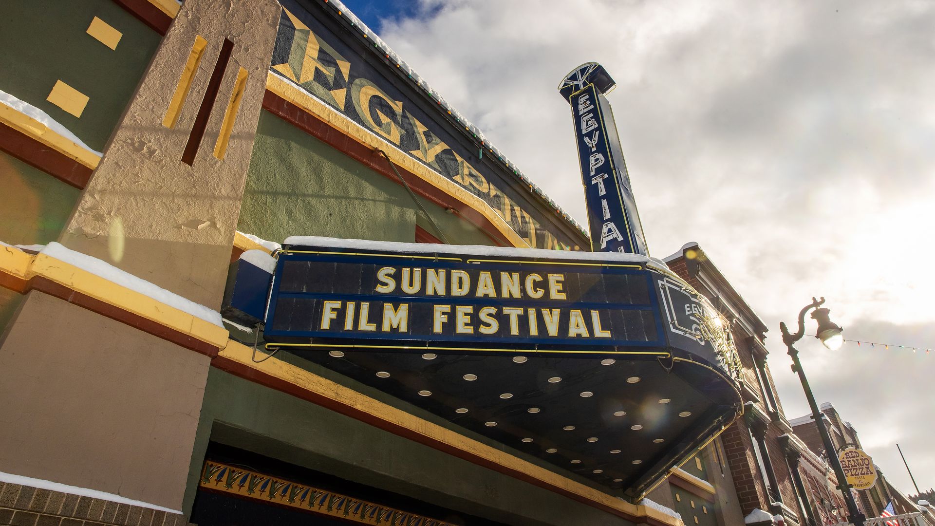 Image of the Egyptian Theatre in Park City, Utah, with a marquee reading "Sundance Film Festival" 
