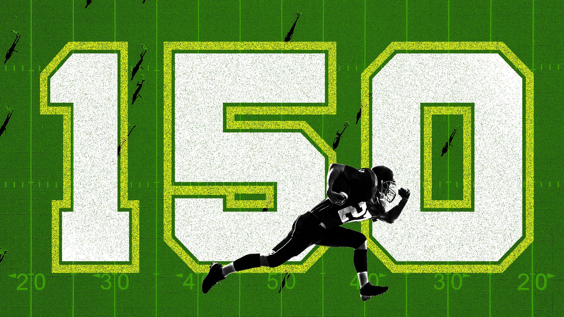 Illustration of a football player running in front of large text reading '150.'