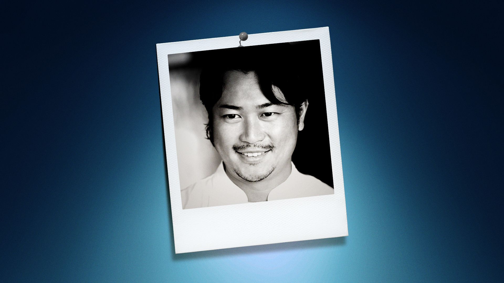 Photo illustration of Makoto Okuwa in the center of a Polaroid photo under a blue spotlight.