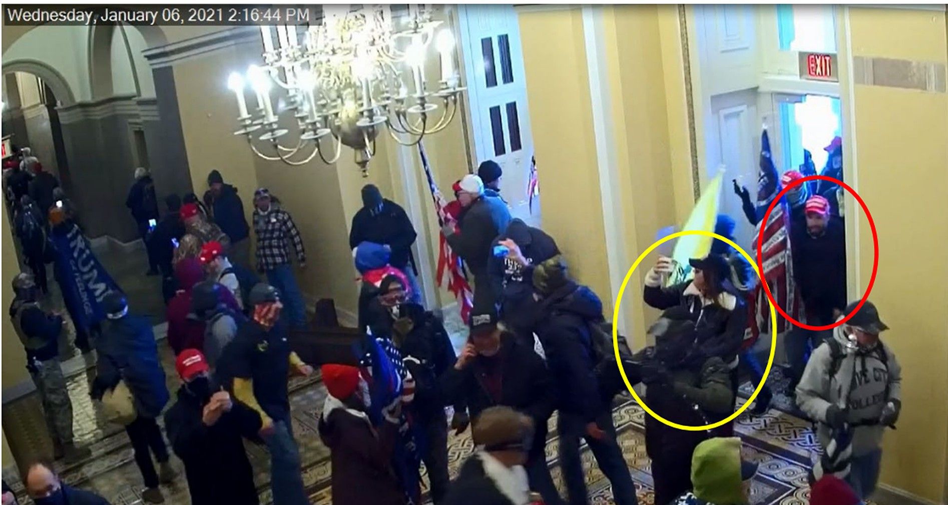 A woman (yellow circle) identified as Barbara Balmaseda in the U.S. Capital with Jan. 6 rioters.