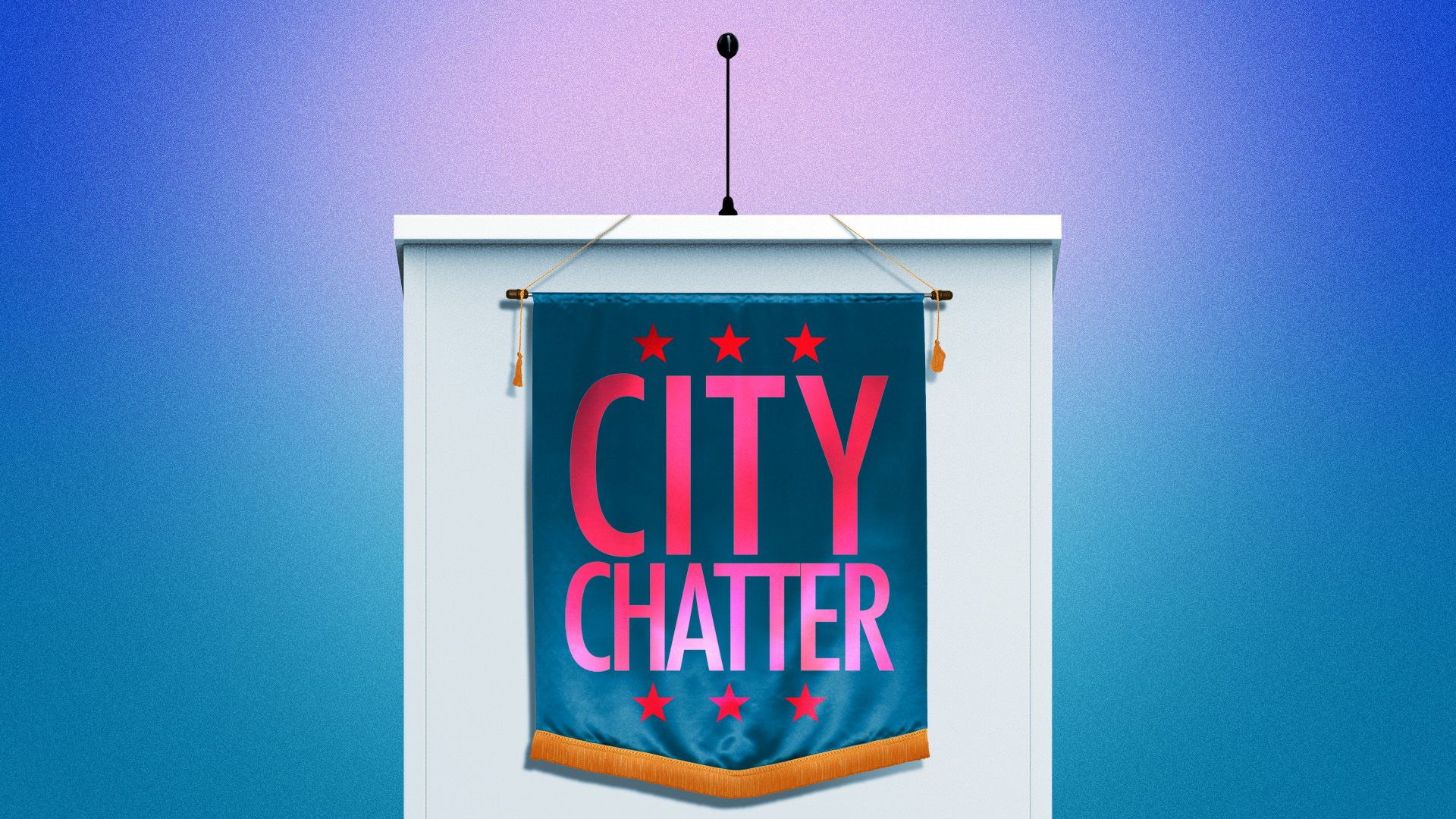 Illustration of a podium with a banner hanging on it that reads "City Chatter"