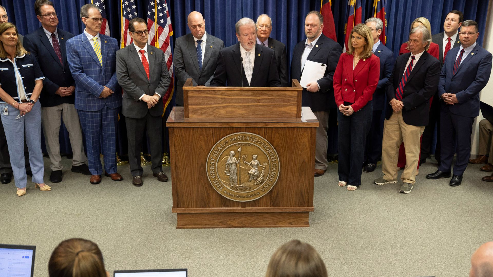North Carolina Senate leader Phil Berger, flanked by Republican leaders, fields questions about the proposed budget during a press briefing on Monday, April 14, 2025, in at the North Carolina General Assembly in Raleigh, North Carolina. (Robert Willett/The News & Observer/Tribune News Service via Ge